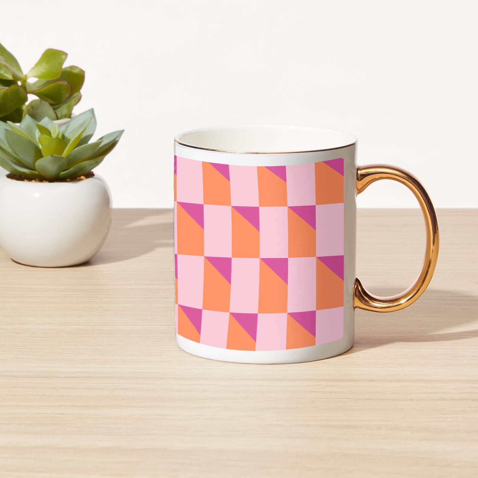 3D Check Bone China Gold Handle Mug