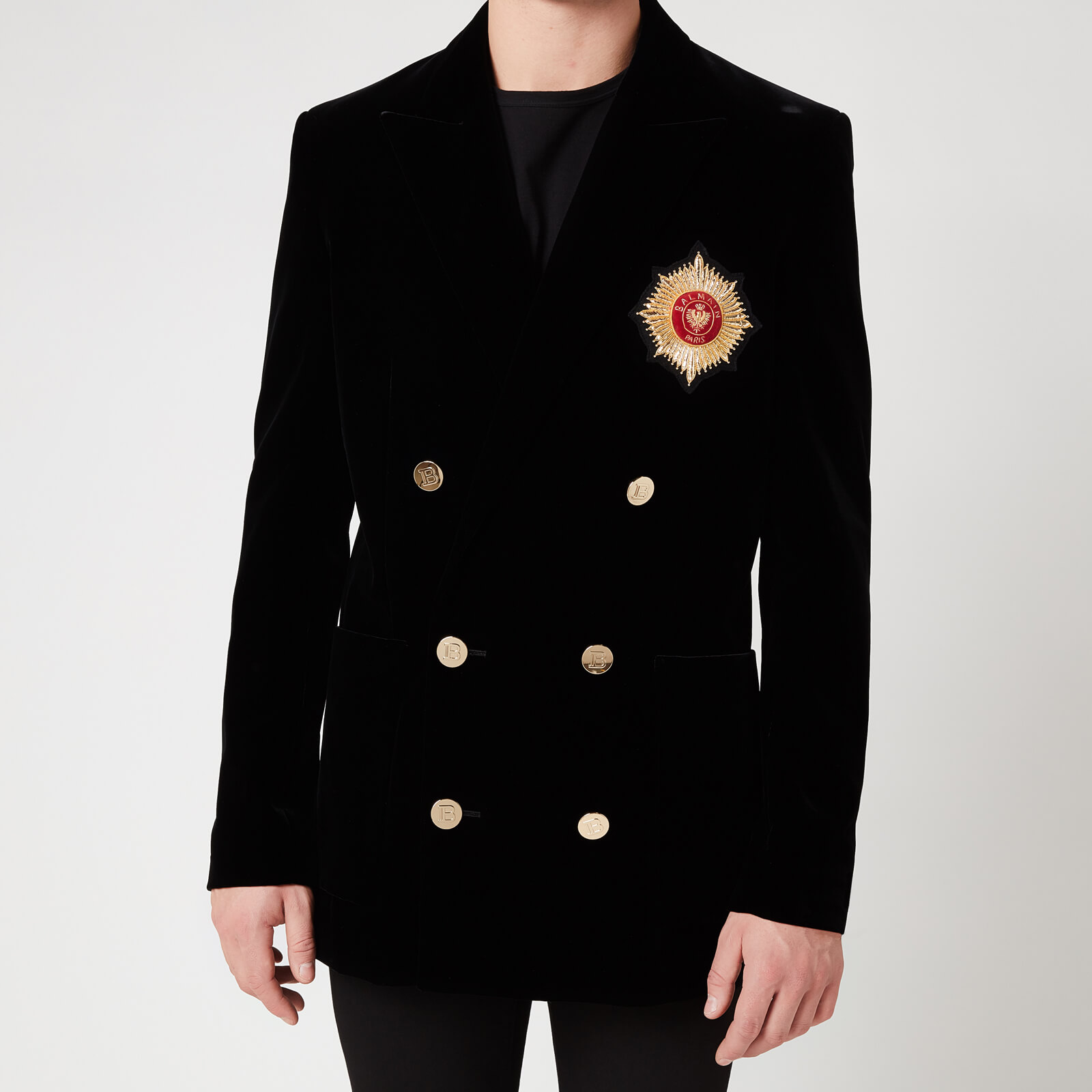 Balmain Men's Velvet Double Breasted Badge Blazer - Black - 48/S
