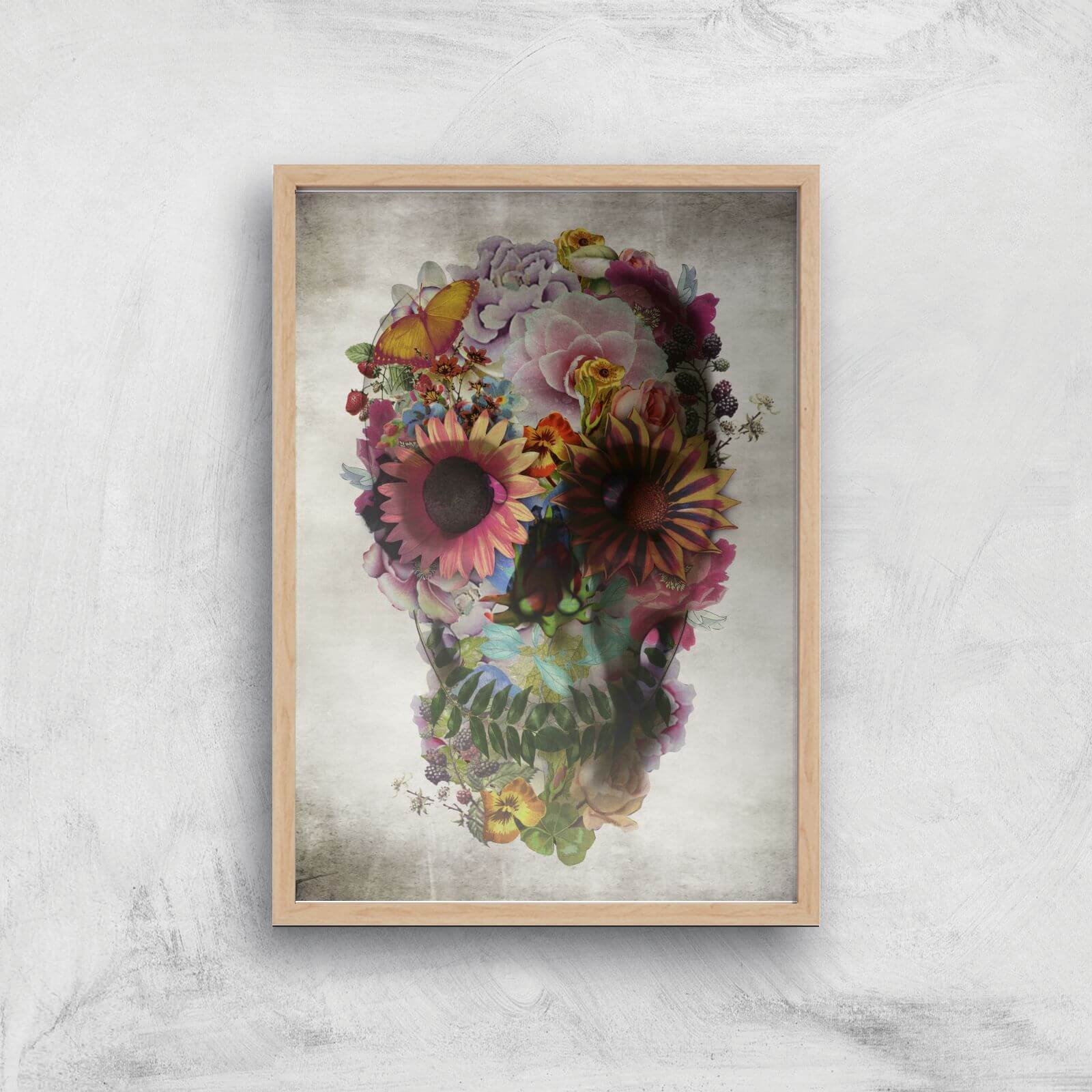 Ikiiki Floral Skull Giclee Art Print - A4 - Wooden Frame