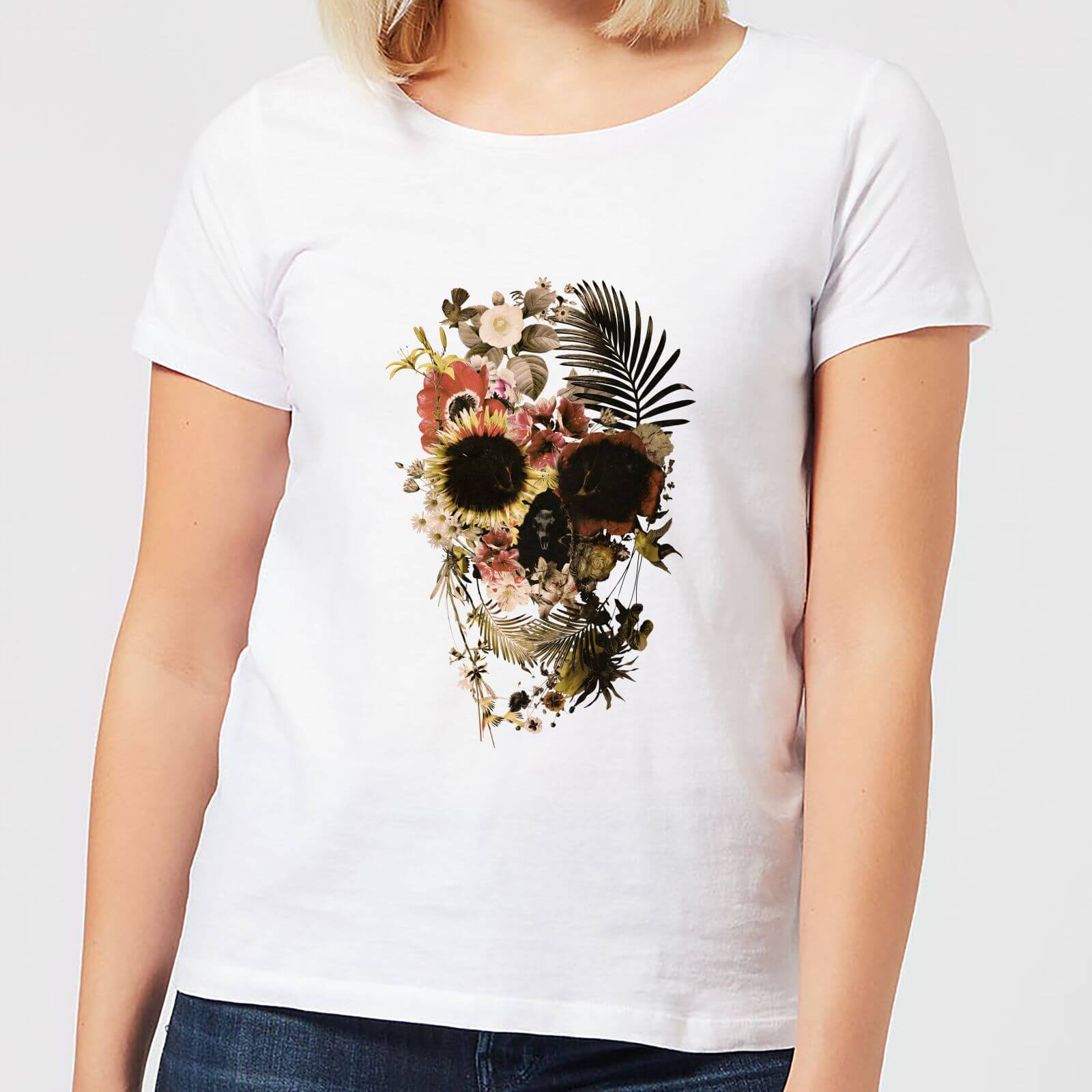 Ikiiki Floral Skull Women's T-Shirt - White - S - White