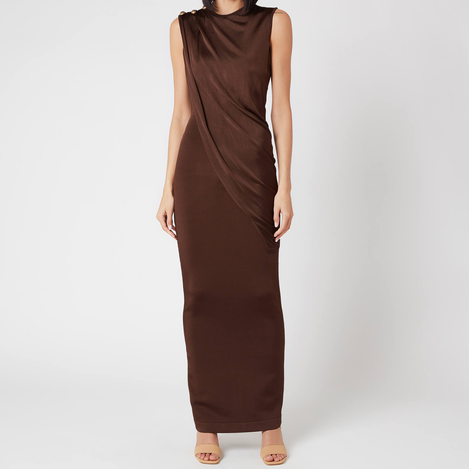 Balmain Women's Long Sleeveless Asymmetric Draped Dress - Dark Brown - FR 36/UK 8