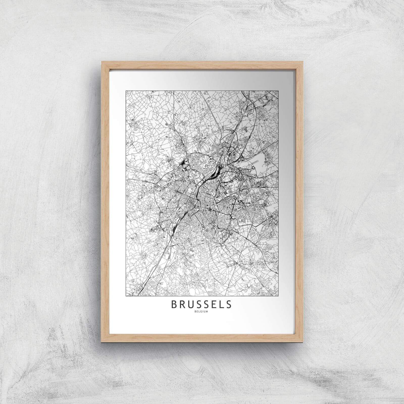 Brussels Light City Map Giclee Art Print - A4 - Wooden Frame
