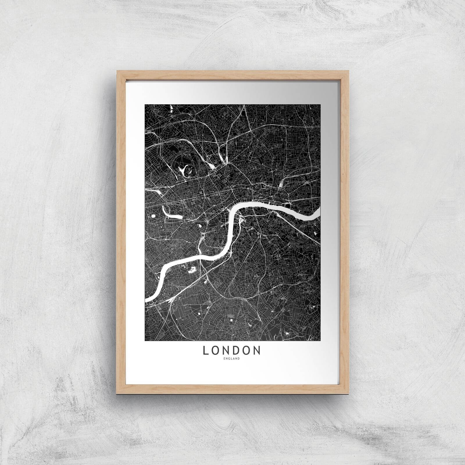 London Dark City Map Giclee Art Print - A3 - Wooden Frame