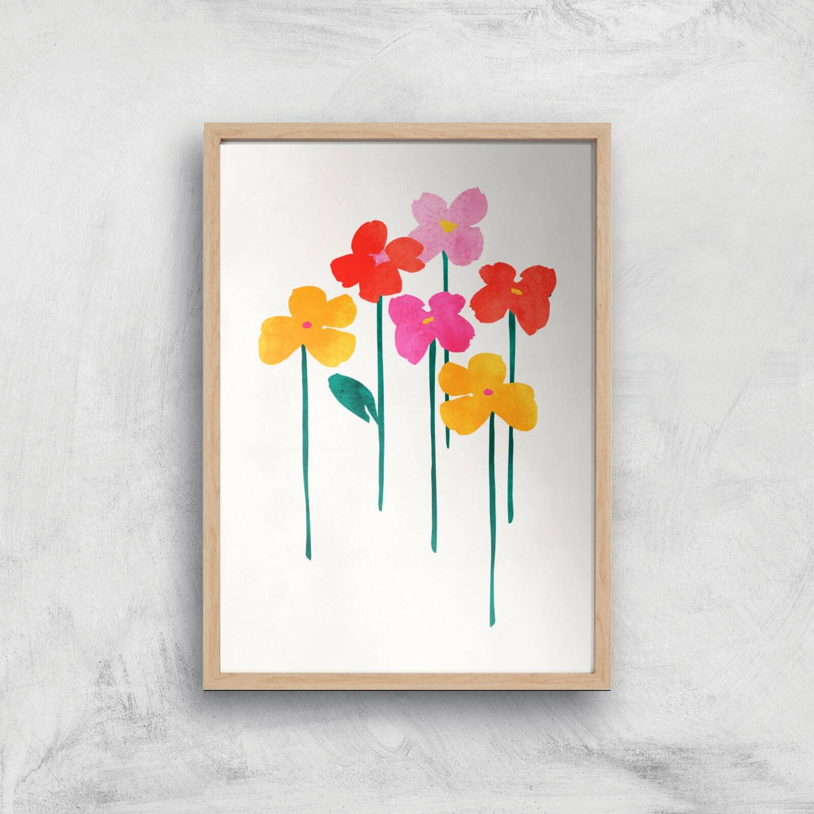 Kubistika Happy Little Flowers Giclee Art Print - A4 - Wooden Frame