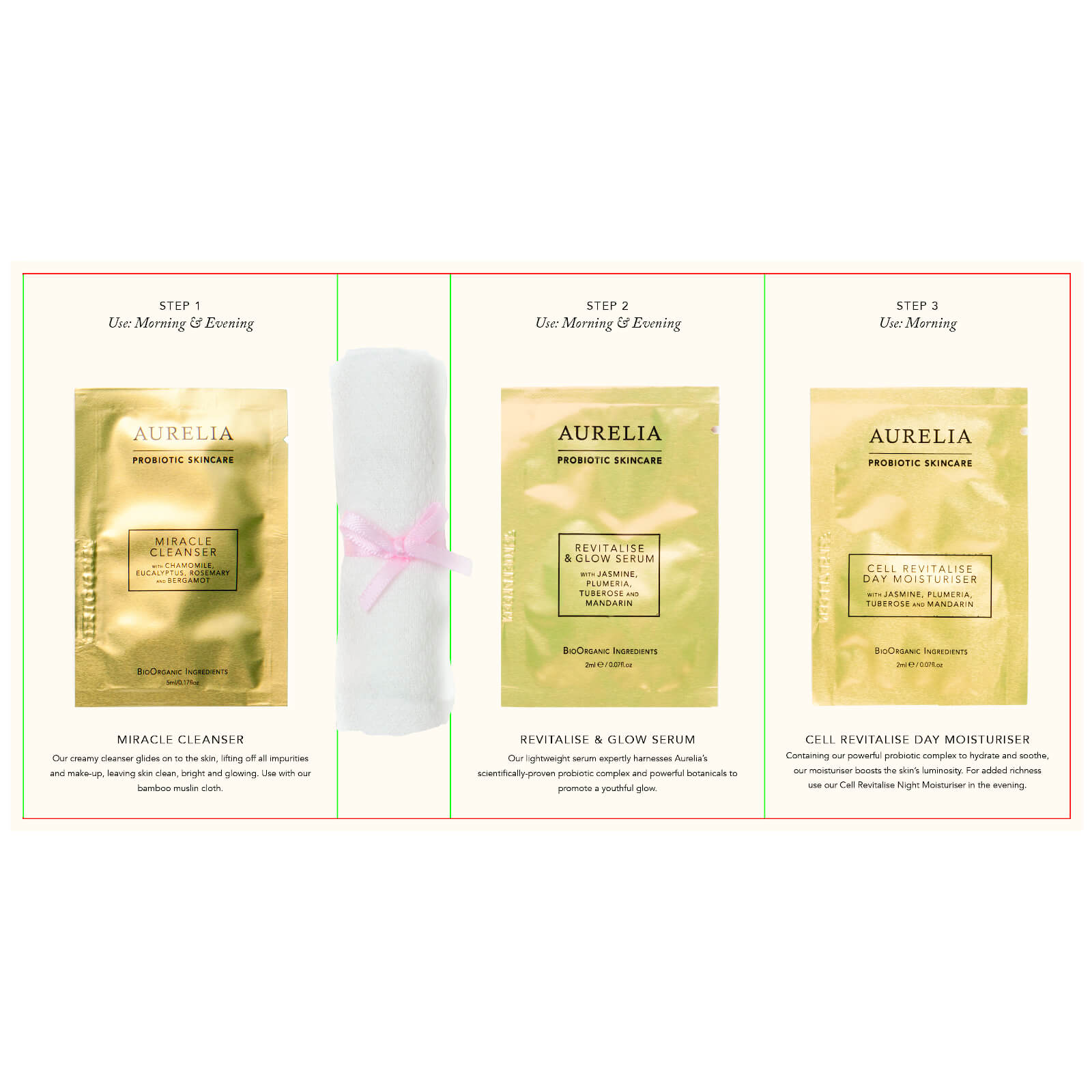 Aurelia Probiotic Skincare 3 Step Sachet Card with Muslin Cloth (Free Gift)
