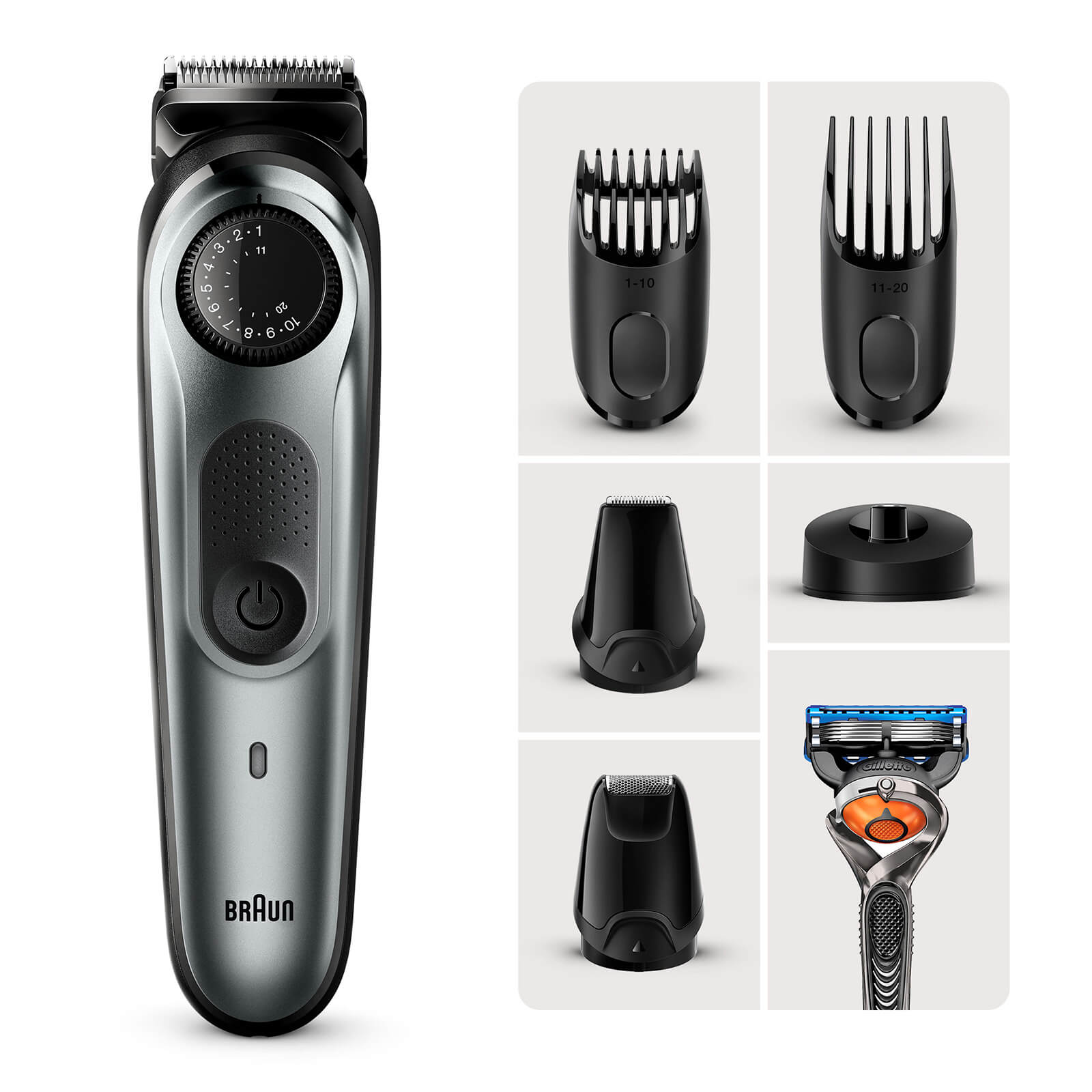 

Braun Beard Trimmer 7 with 4 attachments and Gillette Razor - Charging Stand