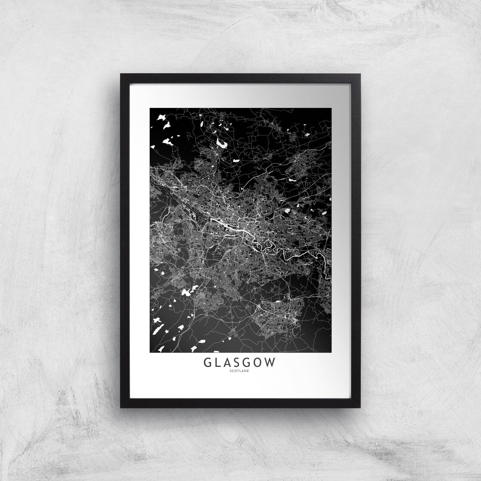 Negative Glasgow City Map Giclee Art Print - A3 - Black Frame