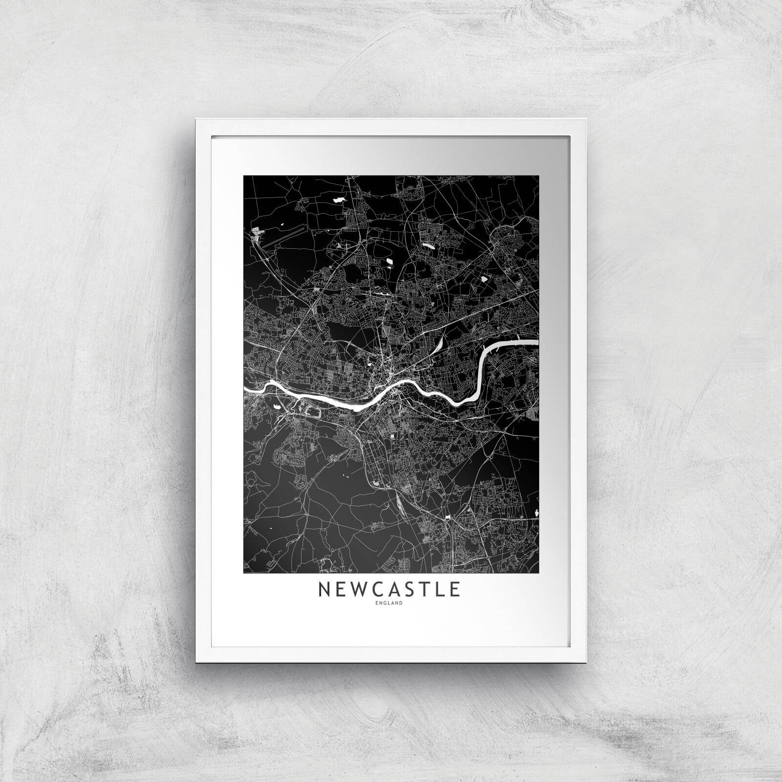 Negative Newcastle City Map Giclee Art Print - A3 - White Frame