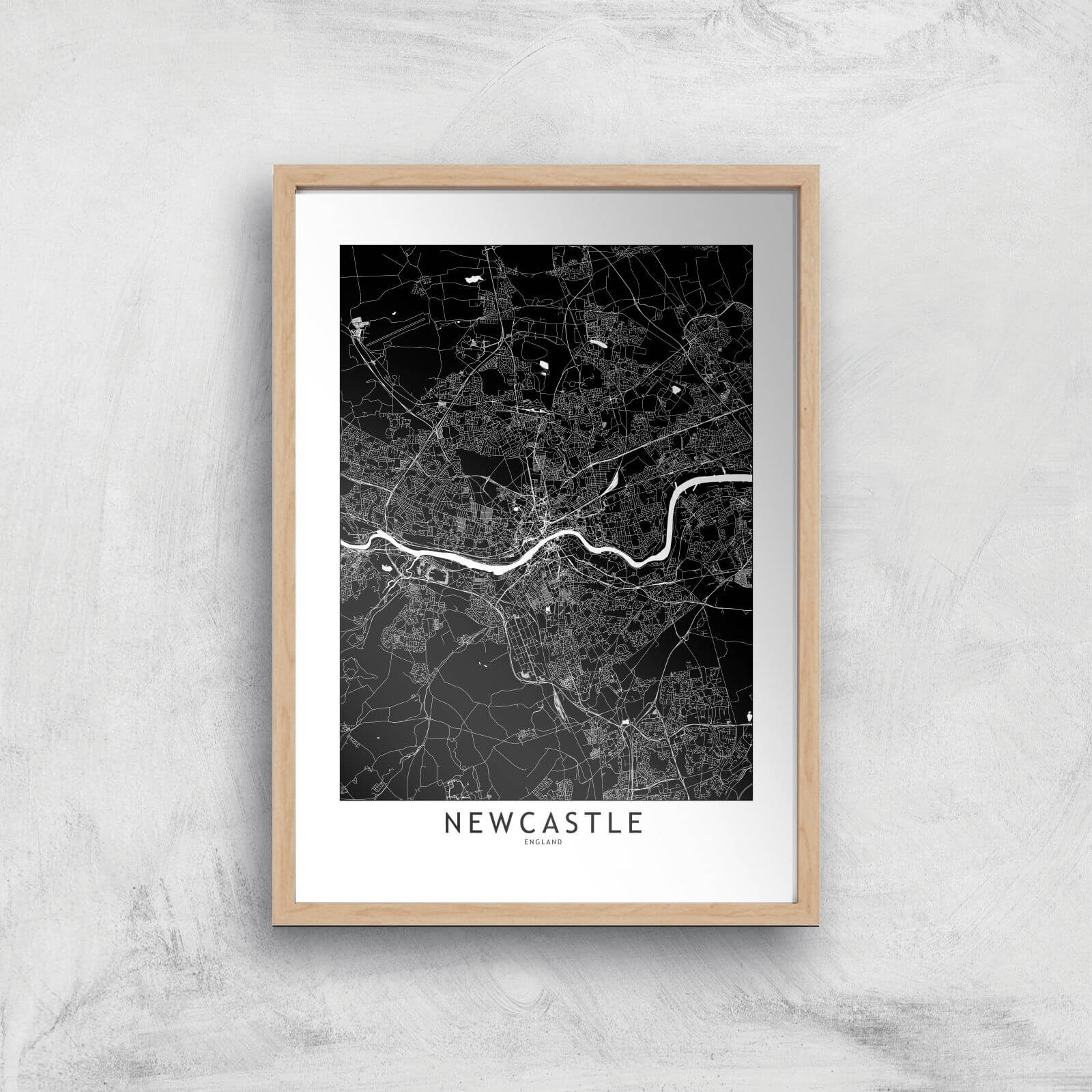 Negative Newcastle City Map Giclee Art Print - A2 - Wooden Frame