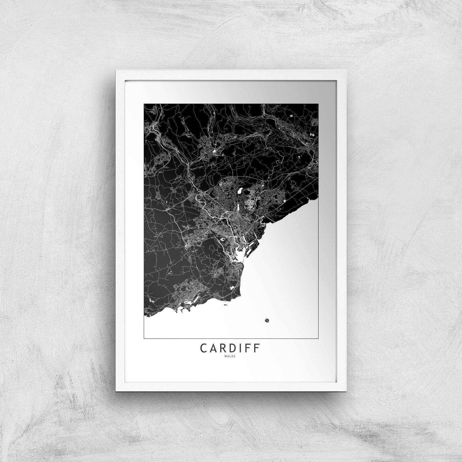 Negative Cardiff City Map Giclee Art Print - A3 - White Frame