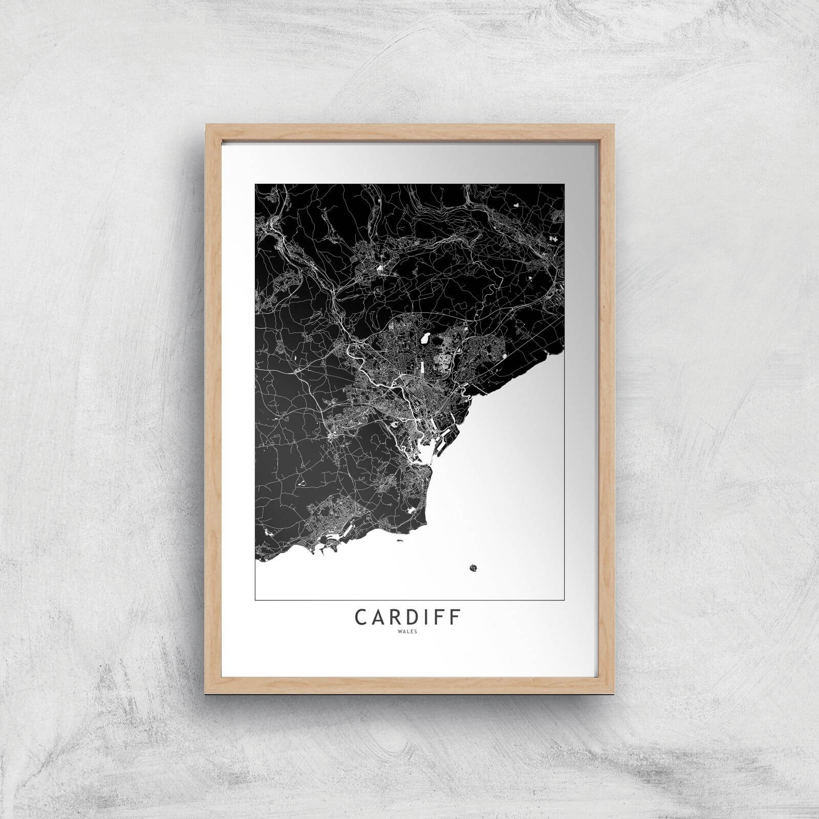 Negative Cardiff City Map Giclee Art Print - A2 - Wooden Frame