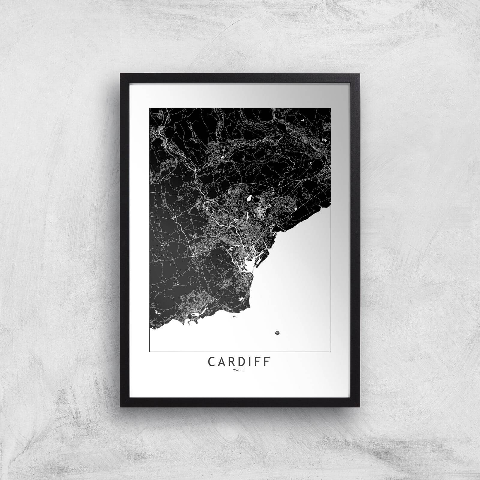 Negative Cardiff City Map Giclee Art Print - A2 - Black Frame