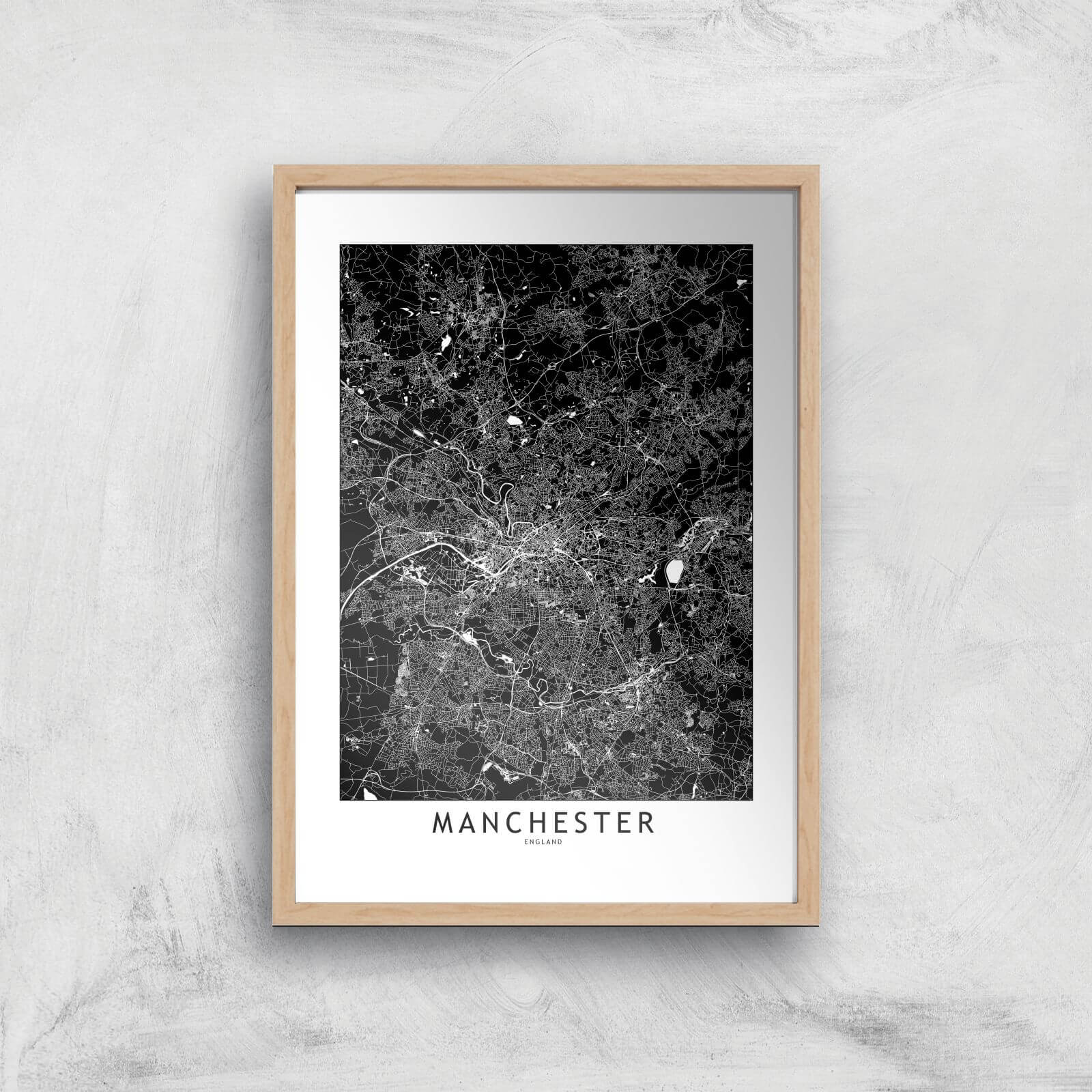 Negative Manchester City Map Giclee Art Print - A4 - Wooden Frame