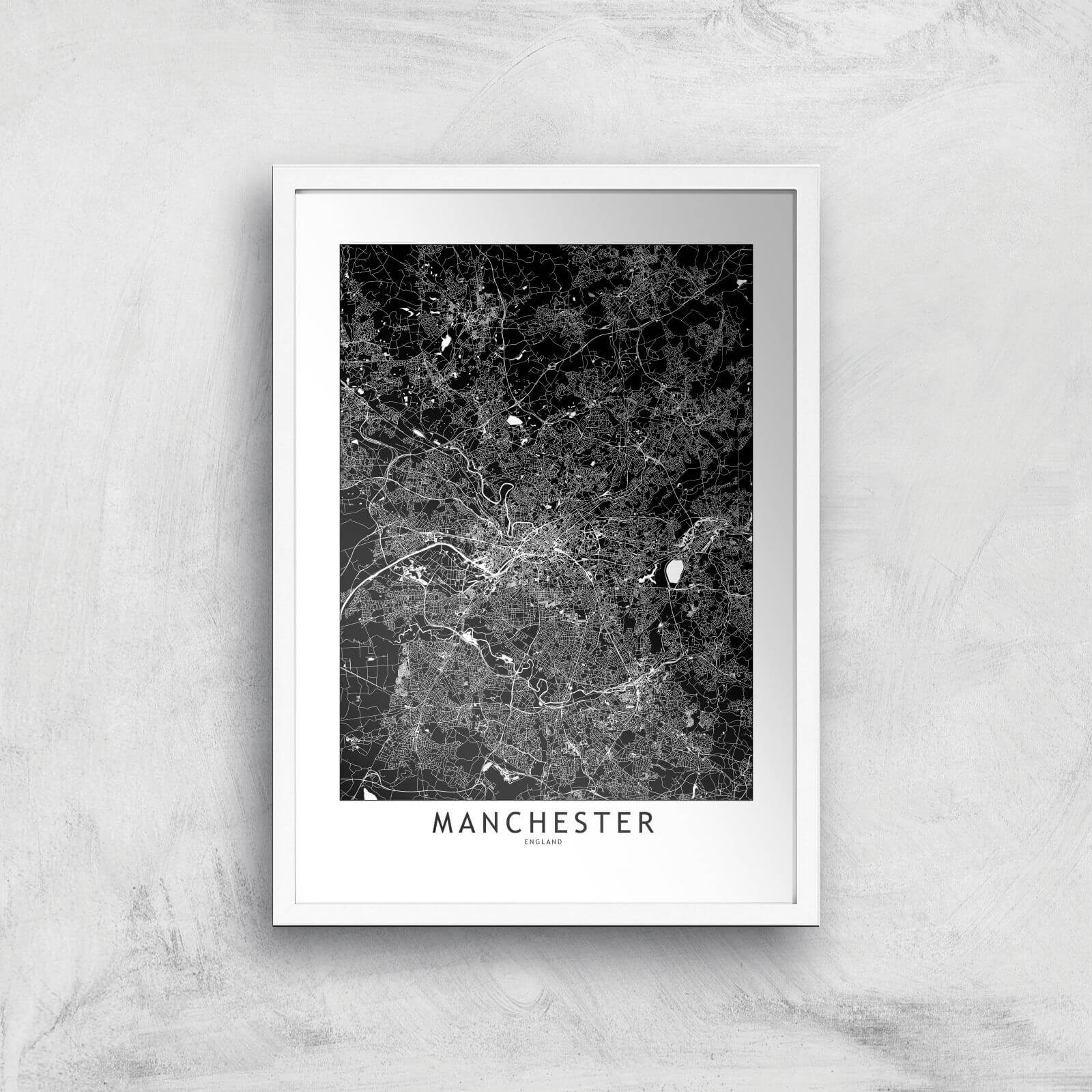 Negative Manchester City Map Giclee Art Print - A3 - White Frame