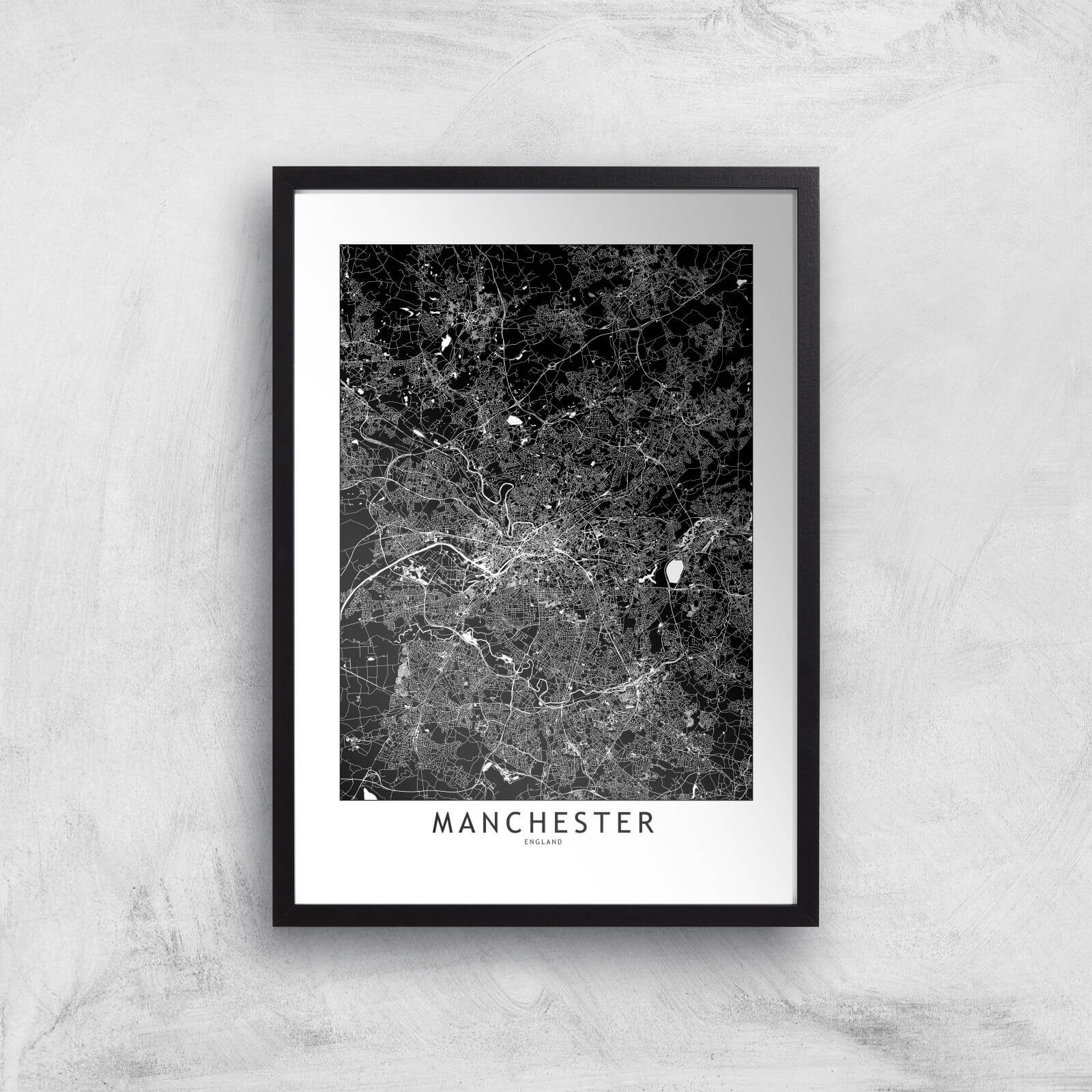 Negative Manchester City Map Giclee Art Print - A3 - Black Frame