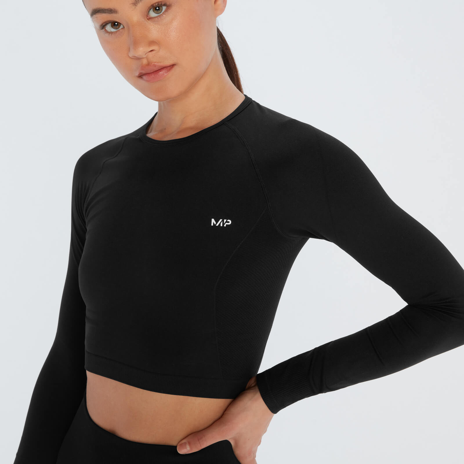 mp women's shape seamless long sleeve crop top - black - xxl