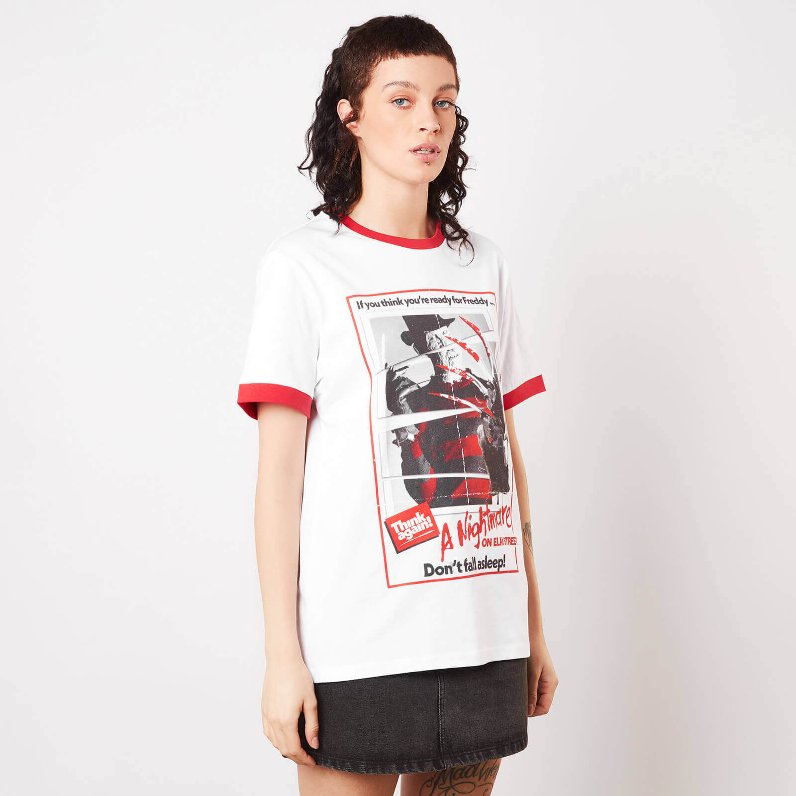 Image of A Nightmare On Elm Street Don't Fall Asleep Unisex Ringer T-Shirt - Weiß / Rot - L - White / Red