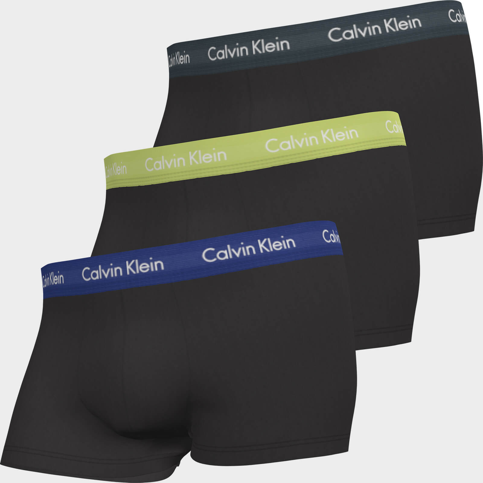 Calvin Klein Men's Cotton Stretch Low Rise 3 Pack Trunks with Contrast Waistband - B-Hemisphere/Direct Green/Blue Flan - S