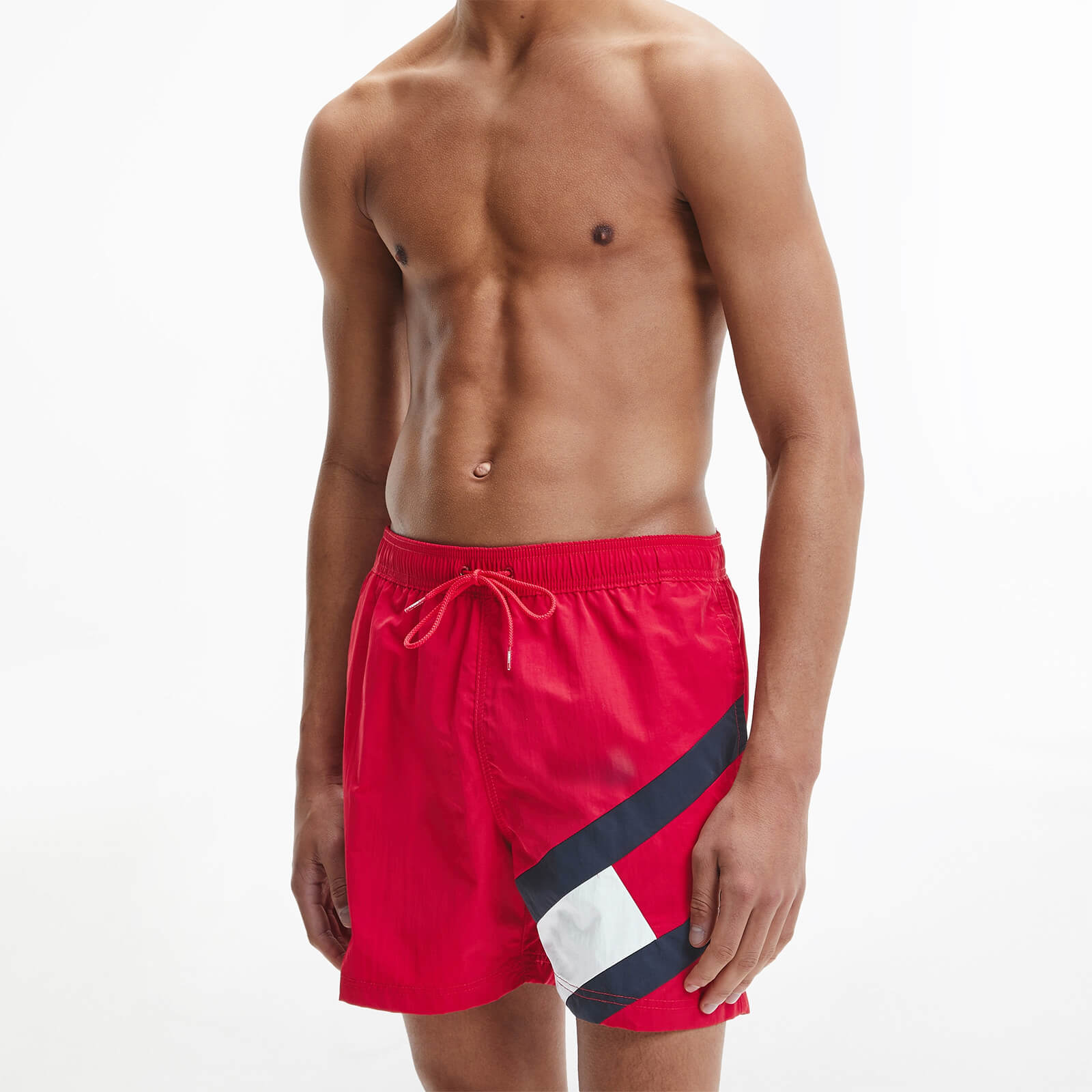 Tommy Hilfiger Men's Signature Flag Medium Length Drawstring Swimshorts - Primary Red - M