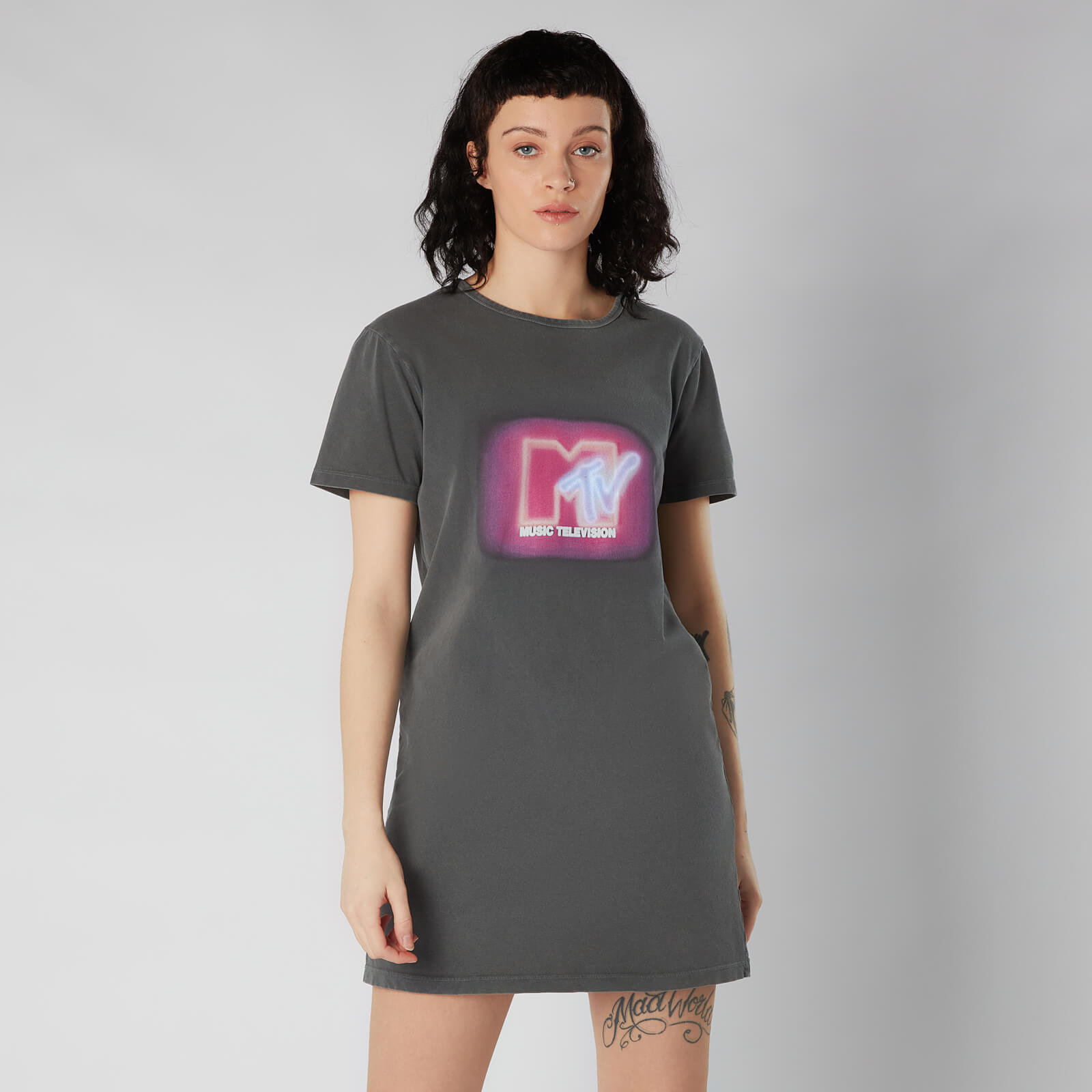 MTV Neon Damen T-Shirt Dress - Schwarz Acid Wash - S - Black Acid Wash
