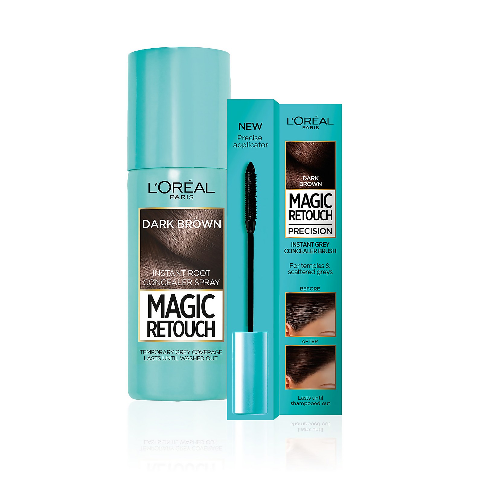 L'Oréal Paris Magic Retouch dark brown 75ml & Precision Instant Grey Concealer Brush Set