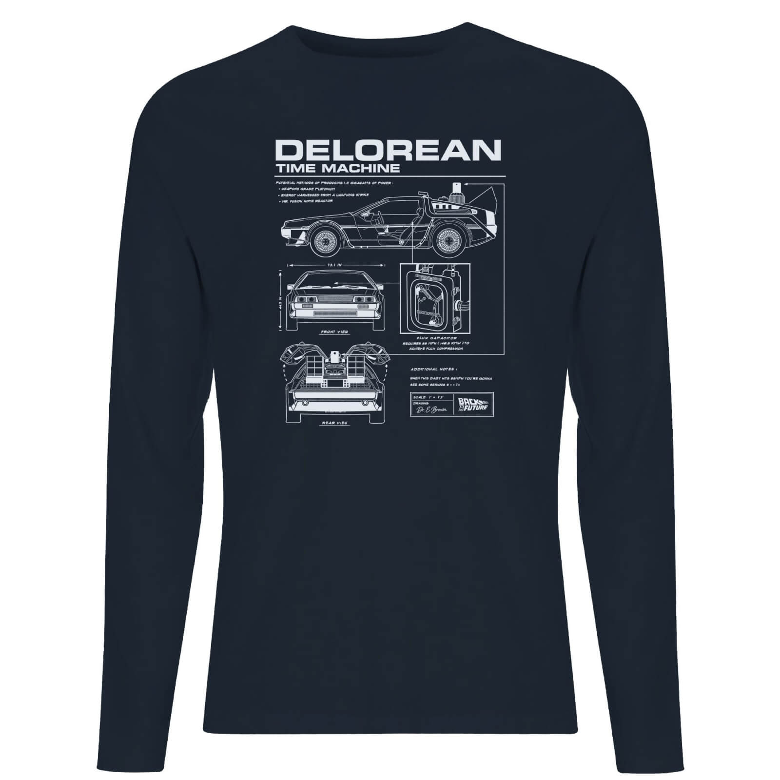Image of Back To The Future Delorian Schematic Unisex Long Sleeve T-Shirt - Navy - L - Marineblau