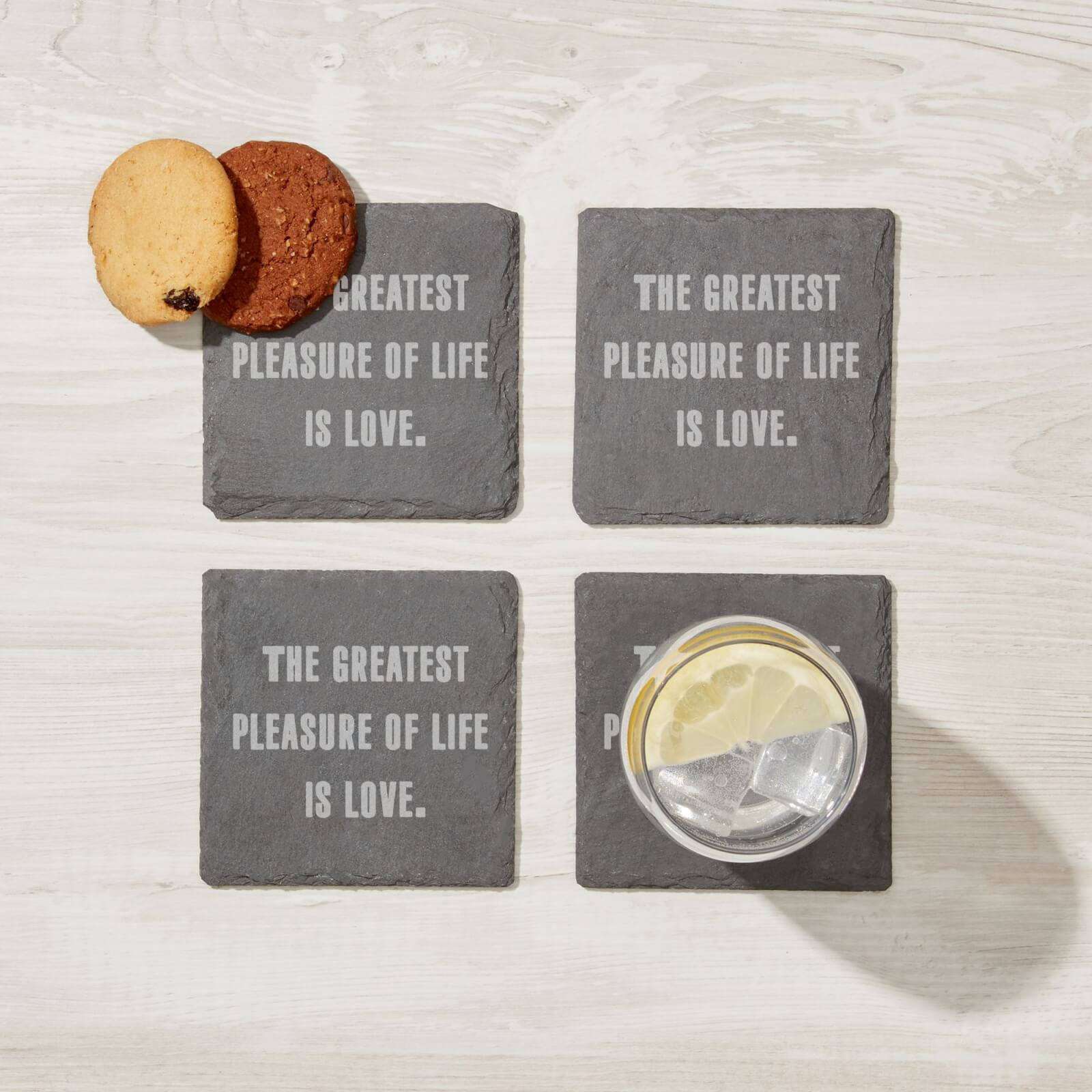 The Pleasure Of Life Is Love Engraved Slate Coaster Set