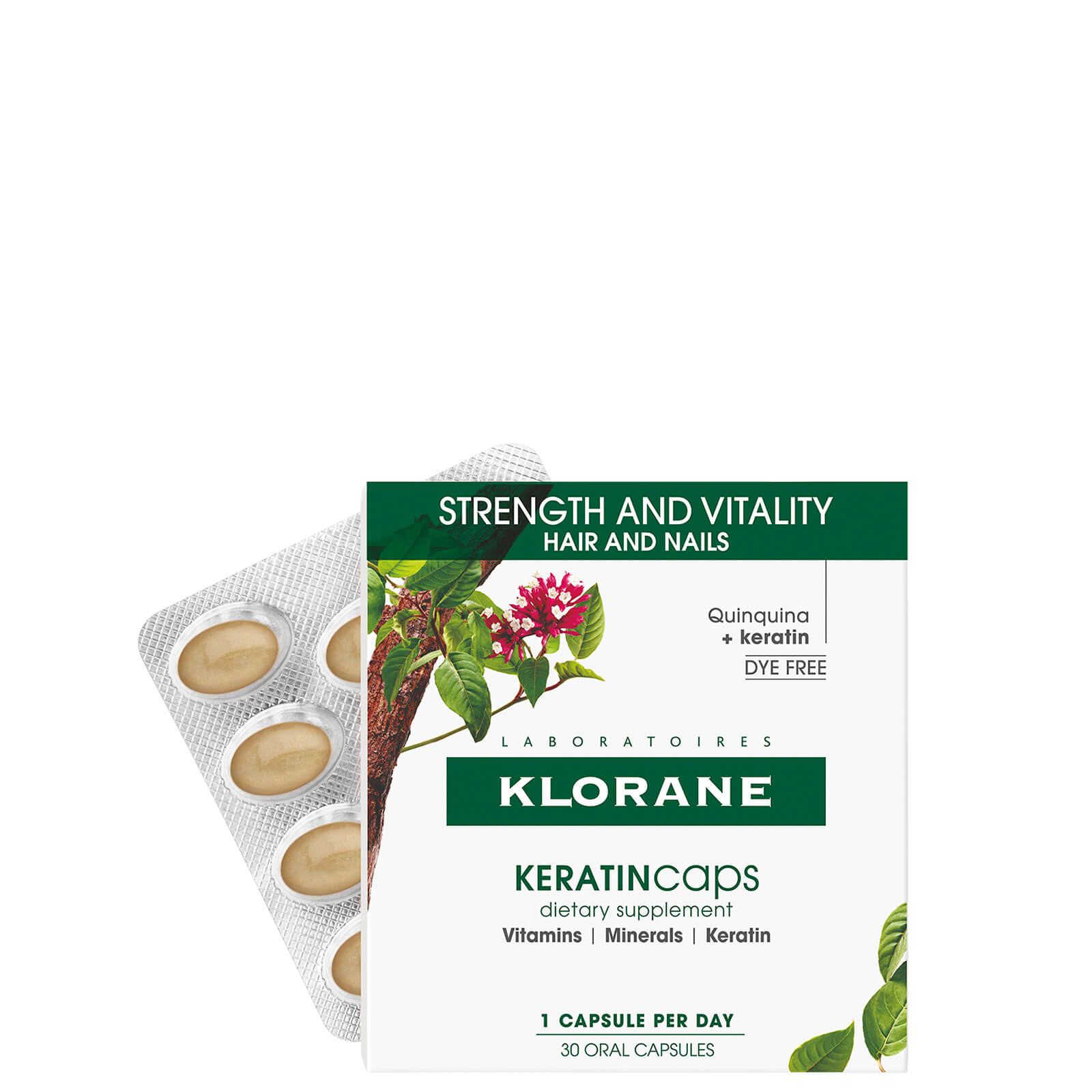 KLORANE Hair and Nail Supplement Caps with Keratin for Healthy Hair -kapselit, 30 päivää