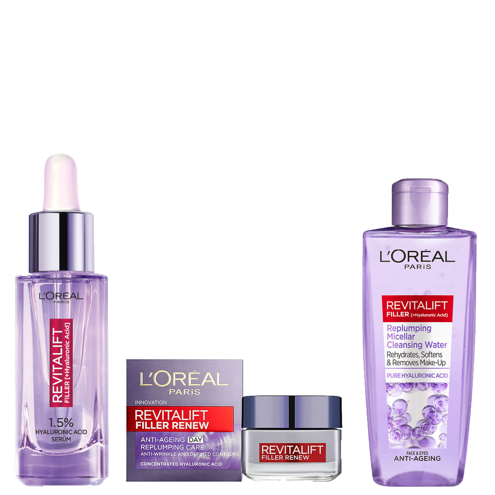 L'Oréal Paris Revitalift Filler Hyaluronic Serum, Day Cream and Micellar Water Bundle
