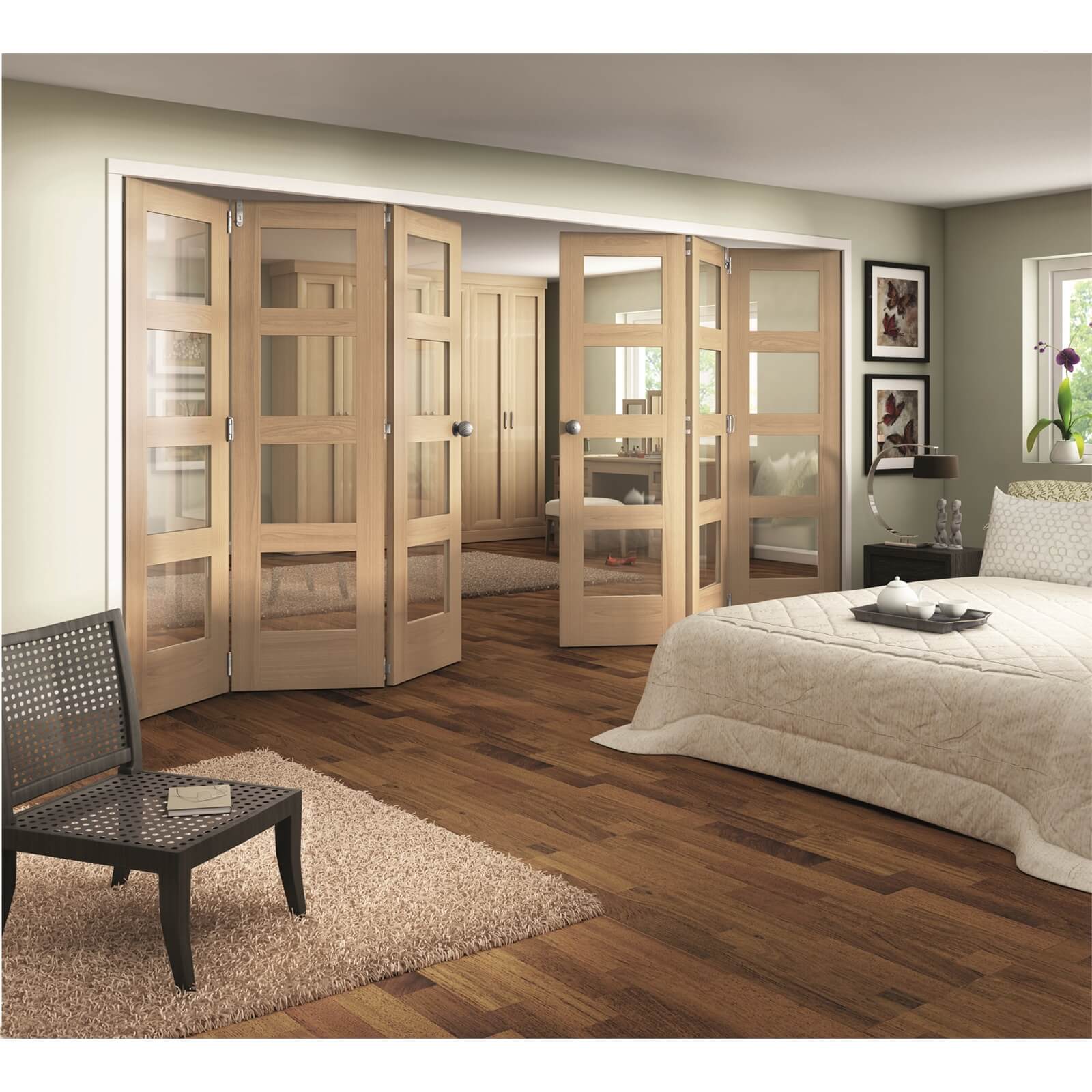 Photo of Shaker Oak 4 Light Clear Glazed Interior Folding Doors 3 X 3 2047 X 4227mm