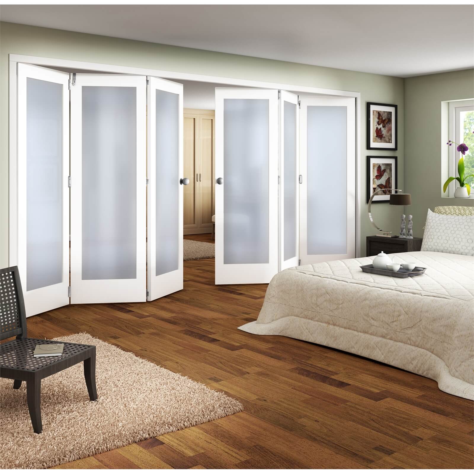 Photo of Shaker White Primed 1 Light Obscure Glazed Interior Folding Doors 3 X 3 2047 X 4227mm