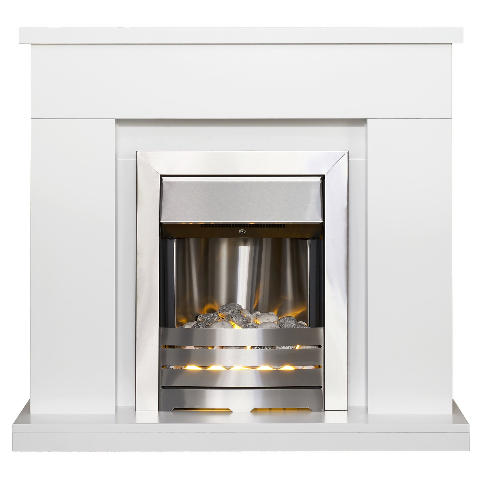 Photo of Adam Lomond In White With Helios Electric Fire In Brushed Steel