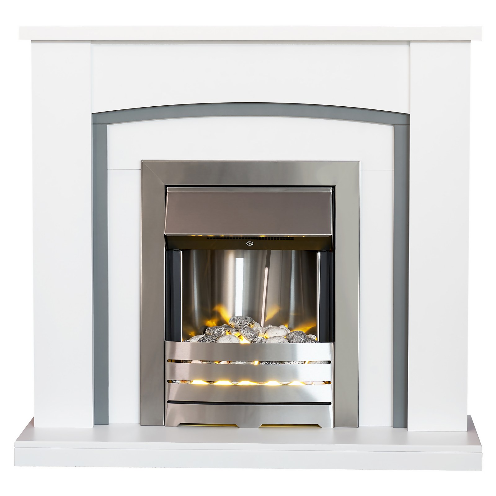 Adam Chilton Fireplace Surround & Helios Electric Fire with Flat to Wall Fitting - White, Grey & Brushed Steel