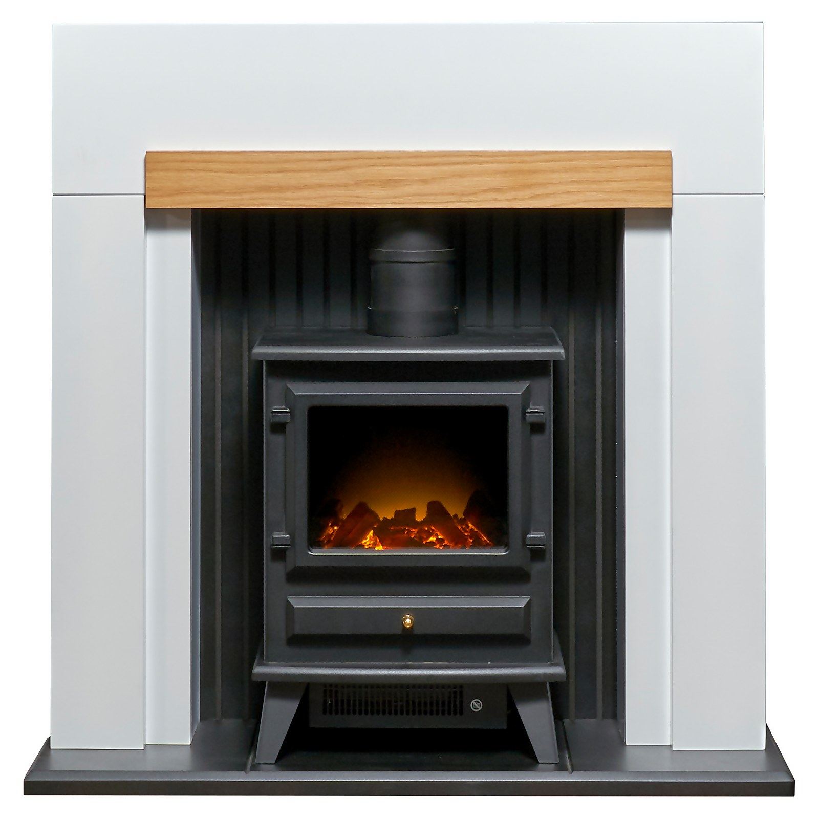 Adam Salzburg Fireplace Surround & Hudson Electric Stove with Flat to Wall Fitting - Oak & Black