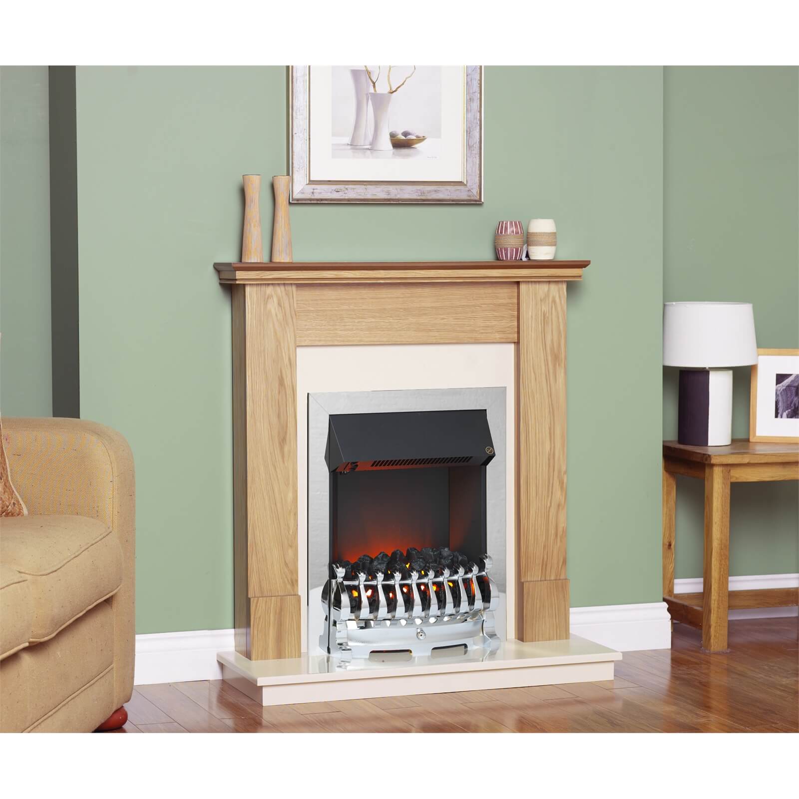 Suncrest Howden Electric Fire Suite with Flat to Wall Fitting - Oak & Chrome