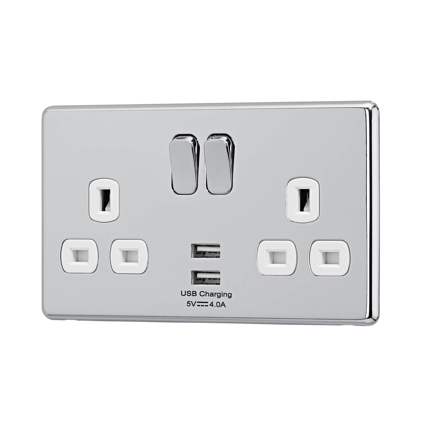 Arlec Fusion 13A 2 Gang Polished Chrome Double switched socket with 2x4A USB