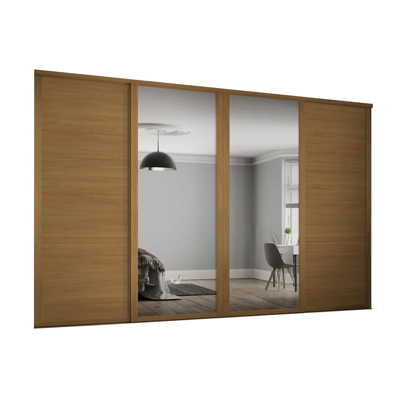 Photo of Shaker 4 Door Sliding Wardrobe Kit Oak Panel / Mirror With Oak Frame -w-2290 X -h-2260mm