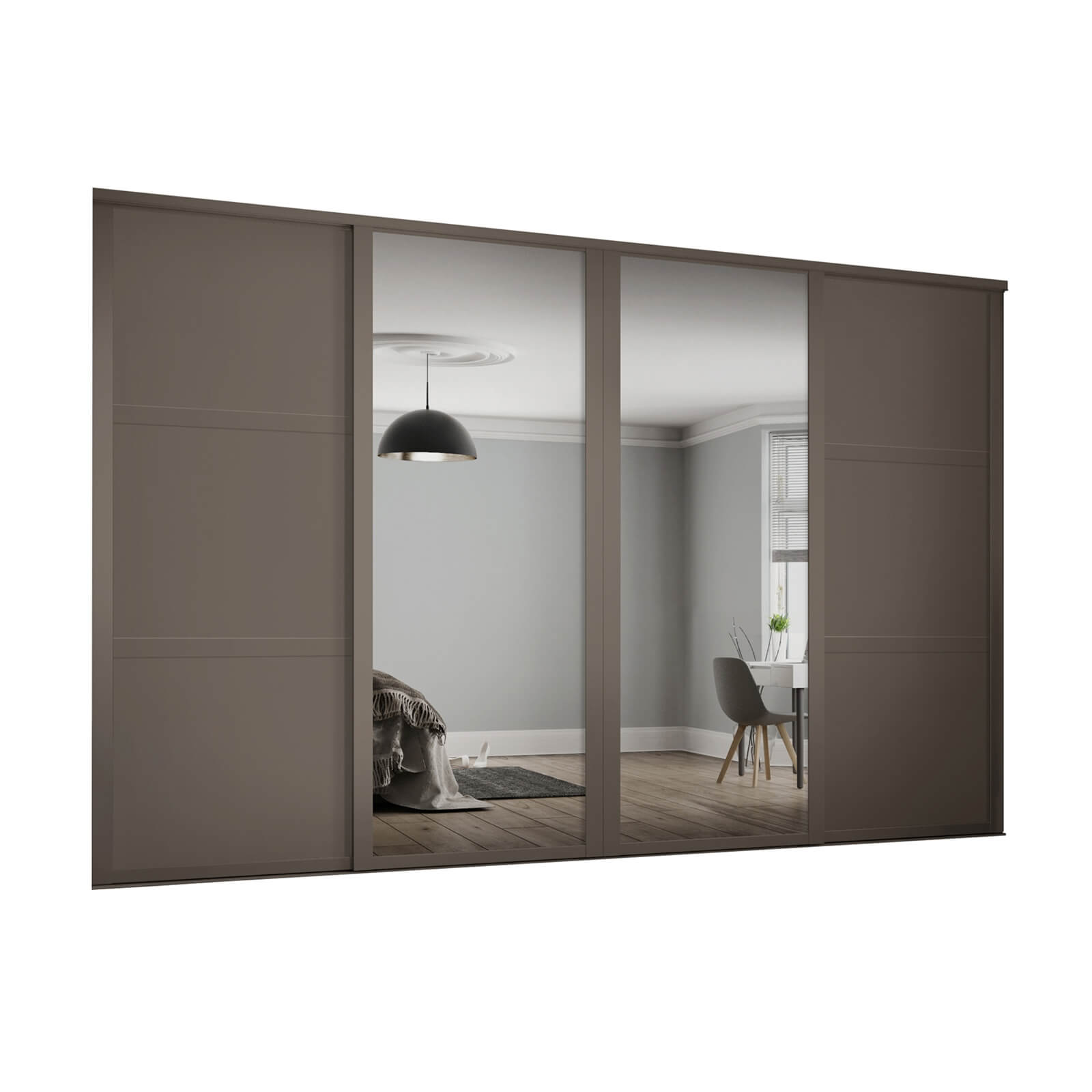Photo of Shaker 4 Door Sliding Wardrobe Kit Stone Grey Panel / Mirror With Stone Grey Frame -w-2898 X -h-2260mm