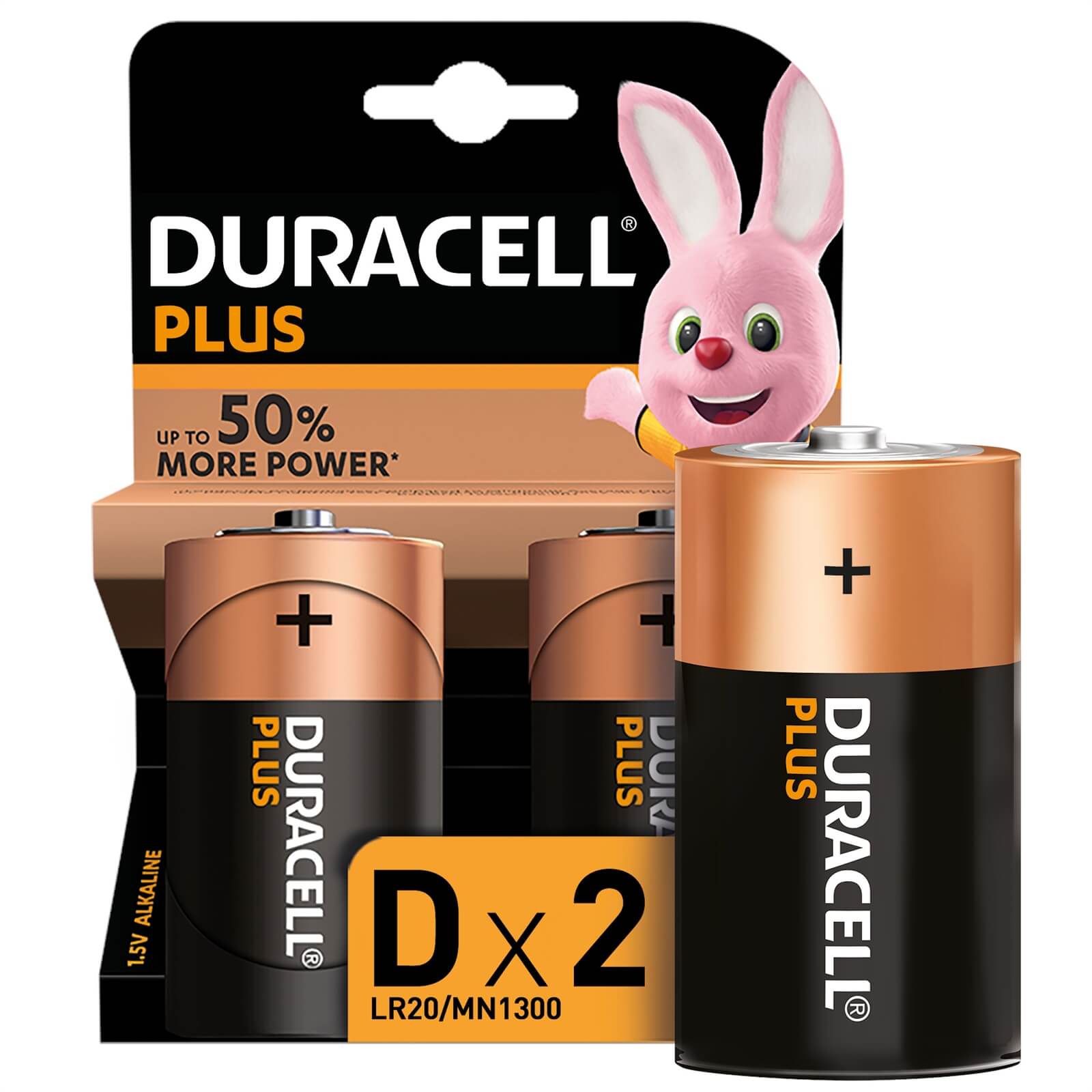 Duracell Plus Power 1.5V Alkaline D Batteries, Pack of 2