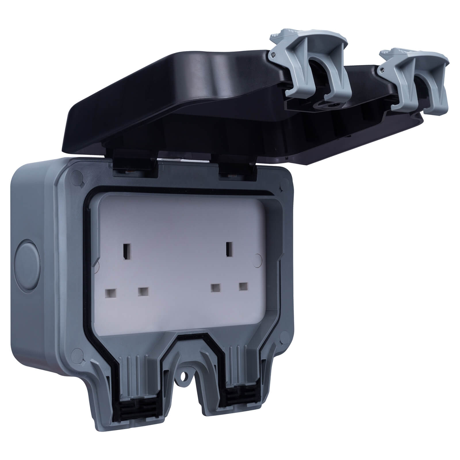 Photo of Bg 13 Amp 2 Gang Unswitched Weatherproof Socket Ip66 Rated Grey/black