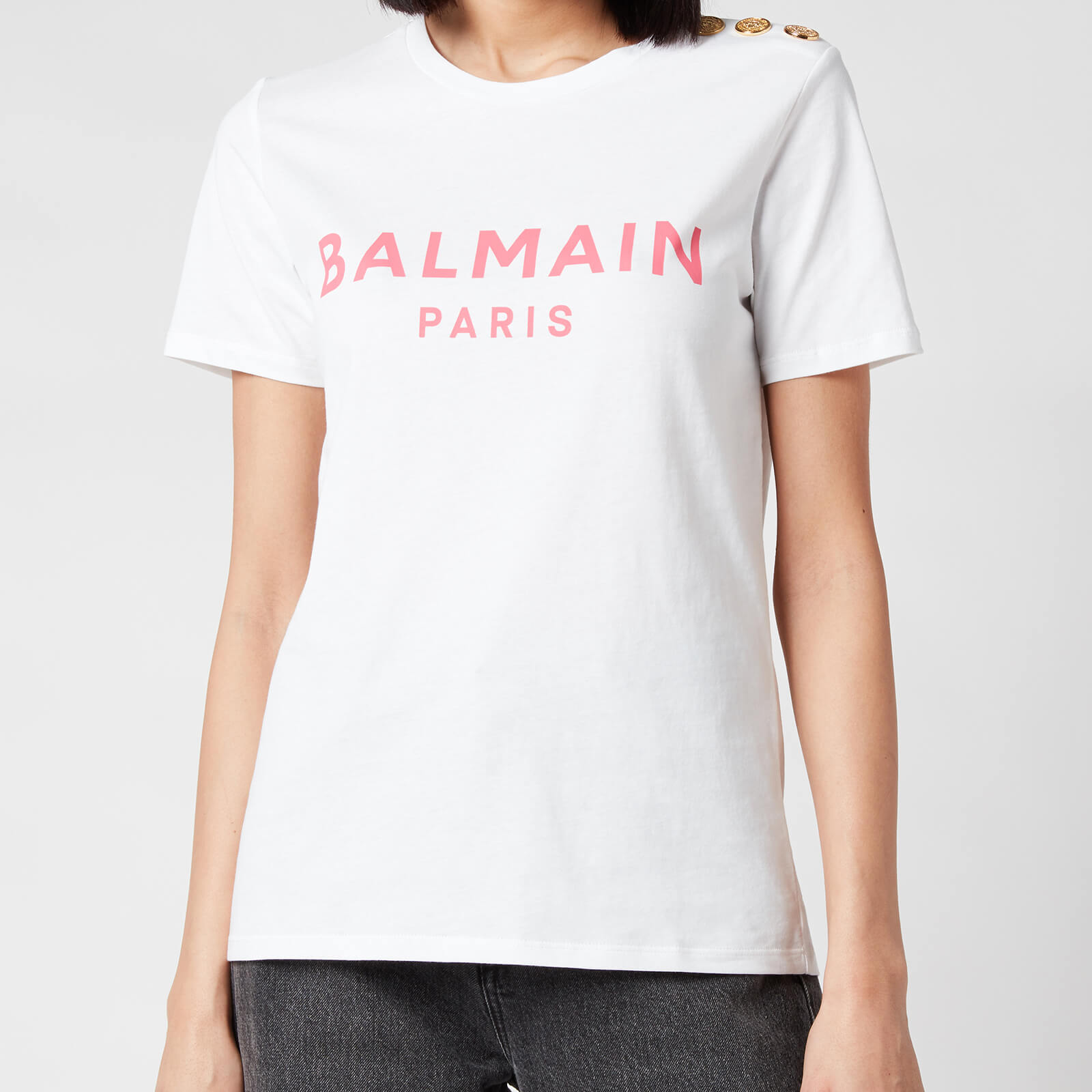 Balmain Women's 3 Button Printed Logo T-Shirt - Blanc/Rose - L