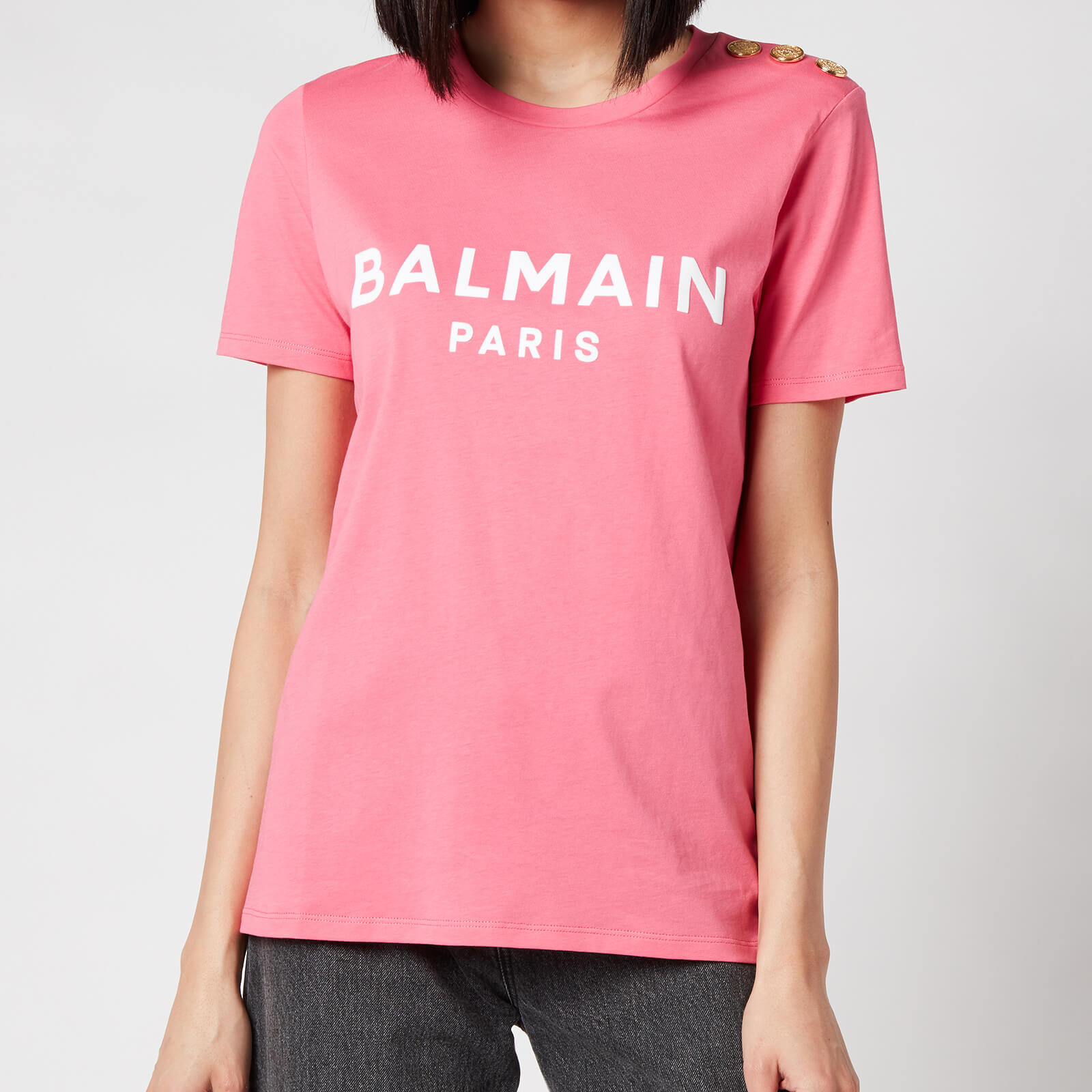 Balmain Women's 3 Button Flocked Logo T-Shirt - Rose/Blanc - S