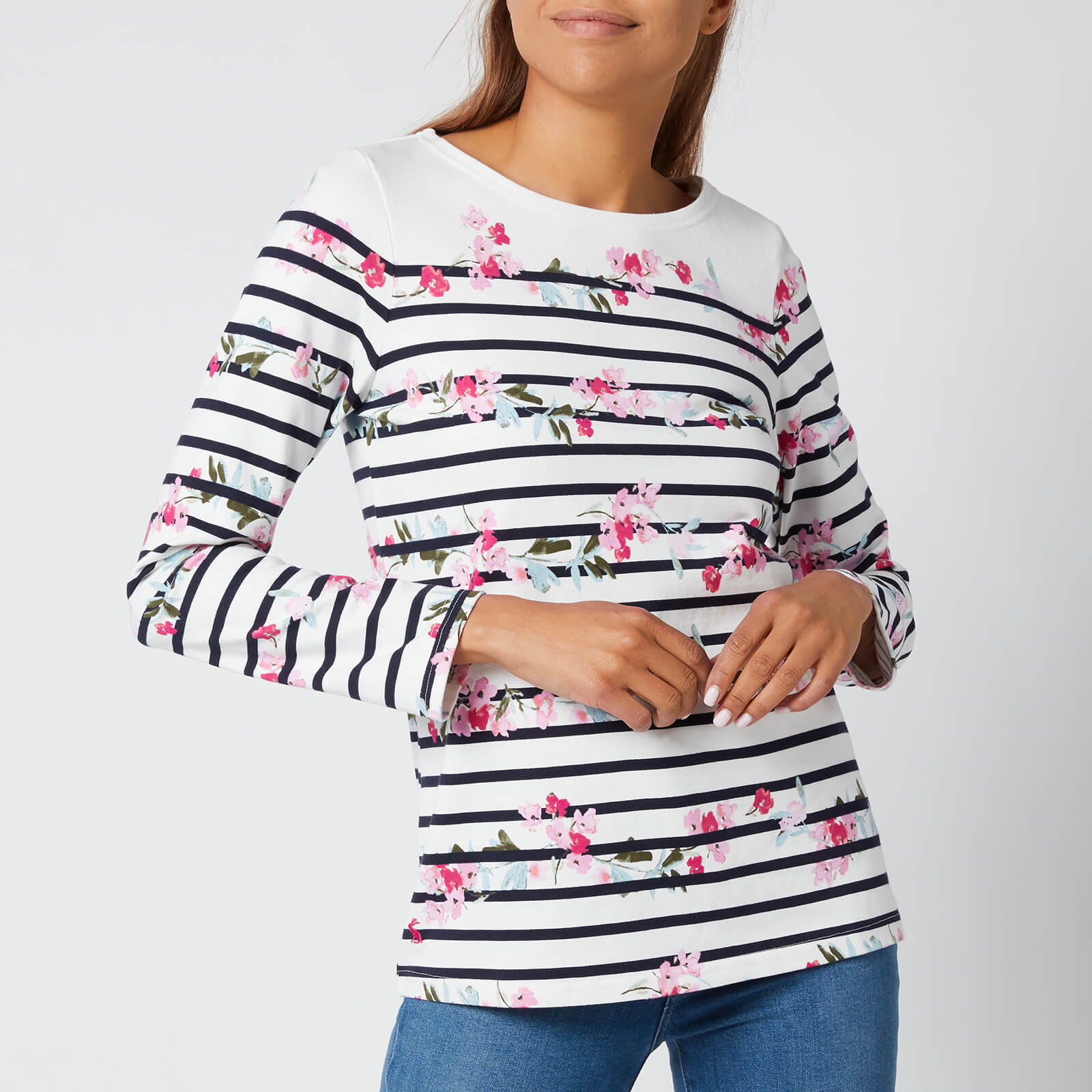 Joules Women's Harbour Print Long Sleeve Top - Créme Floral Stripe - UK 6