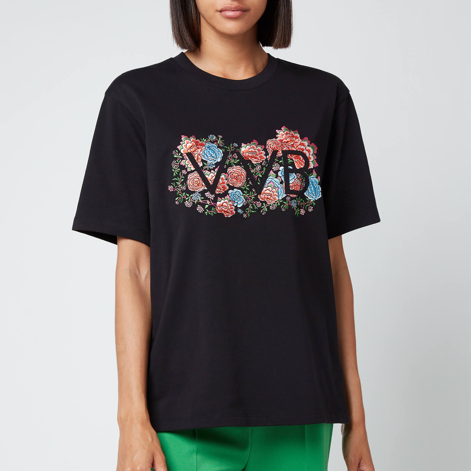 Victoria, Victoria Beckham Women's Embroidered Floral Logo Heavy Jersey T-Shirt - Black - S