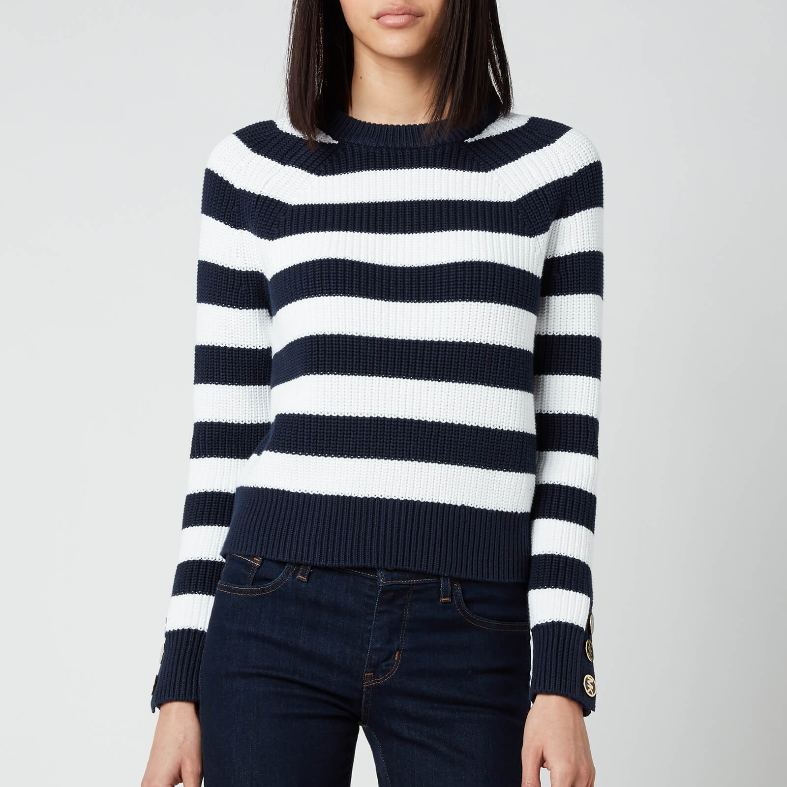 MICHAEL Michael Kors Women's Stripe Button Cuff Sweater - Midnight Blue/White - XS