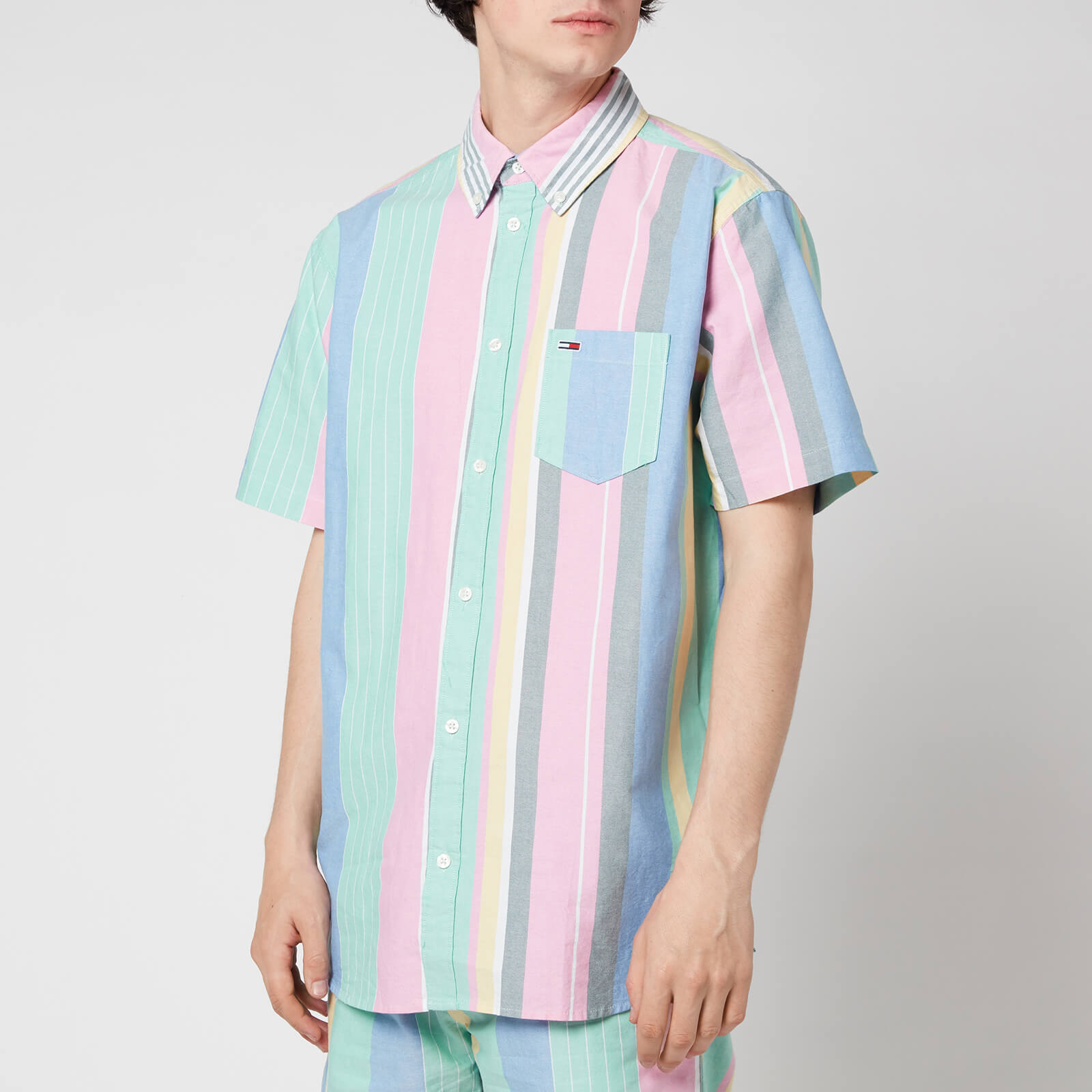 Tommy Jeans Men's Stripe 2 Short Sleeve Shirt - Romantic Pink Multi - S