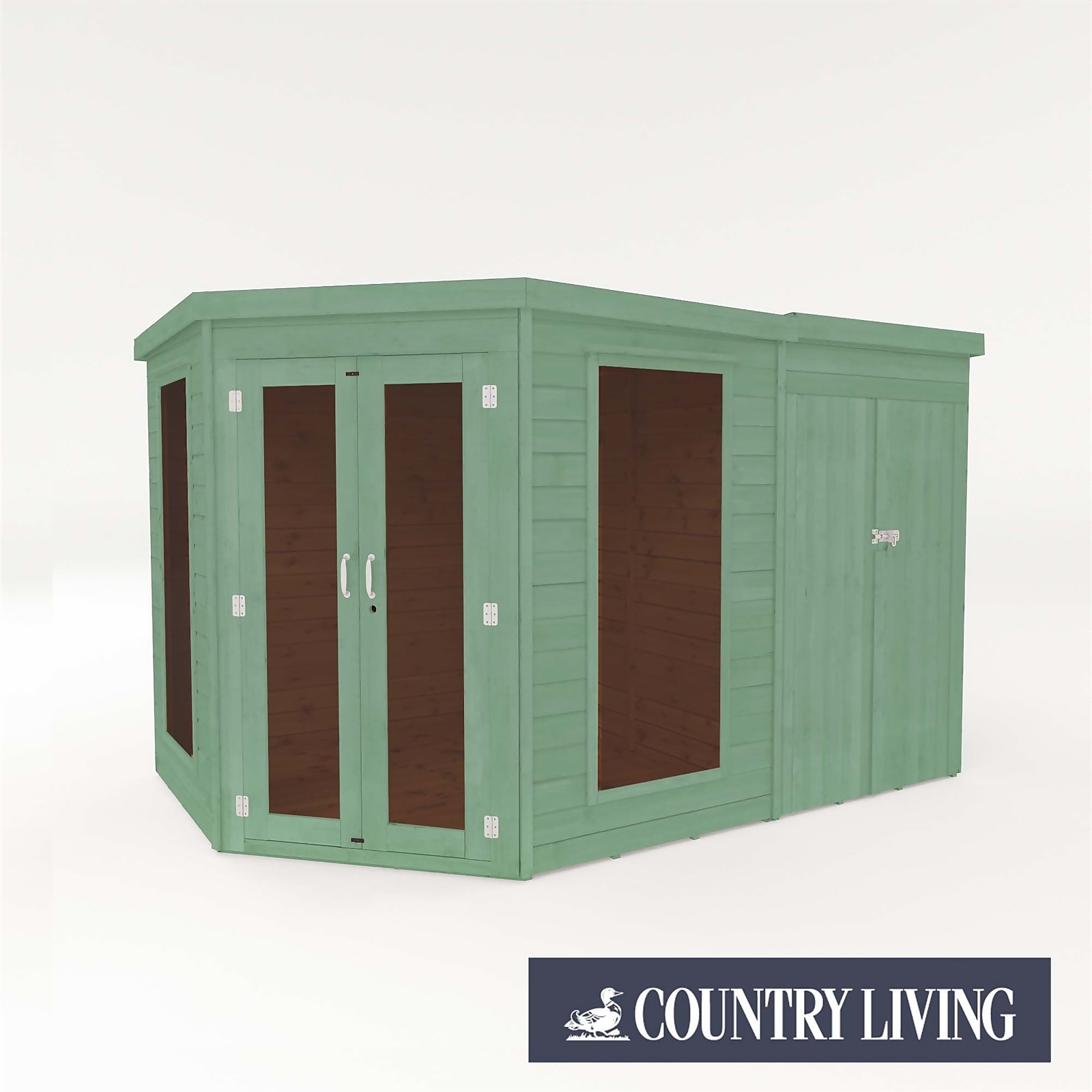 Country Living Ribble 7 x 7ft Premium Corner Summerhouse With Side Shed Painted + Installation - Aurora Green