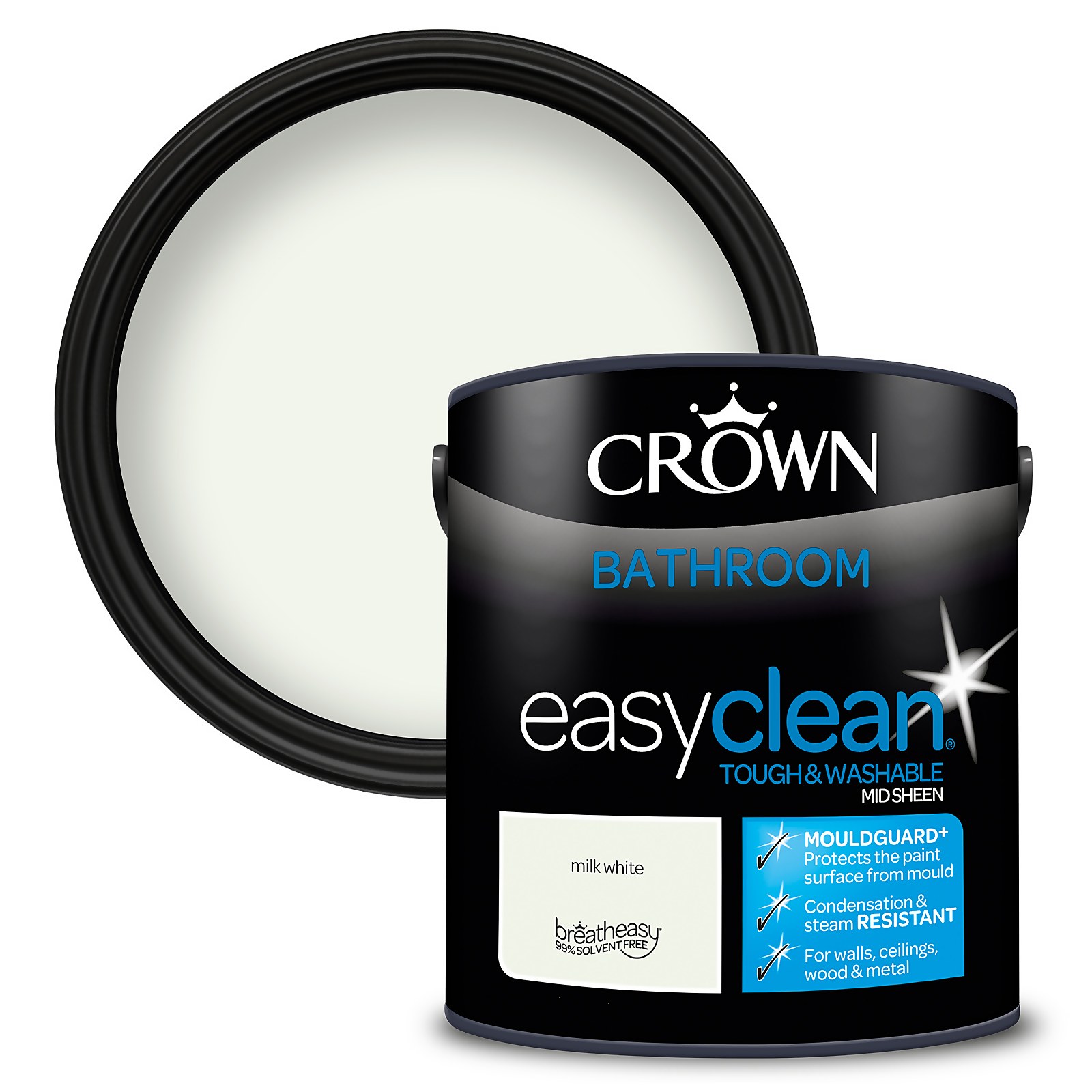 Crown Easyclean Mouldguard+ Bathroom Mid Sheen Washable Multi Surface Paint  Milk White® - 2.5L