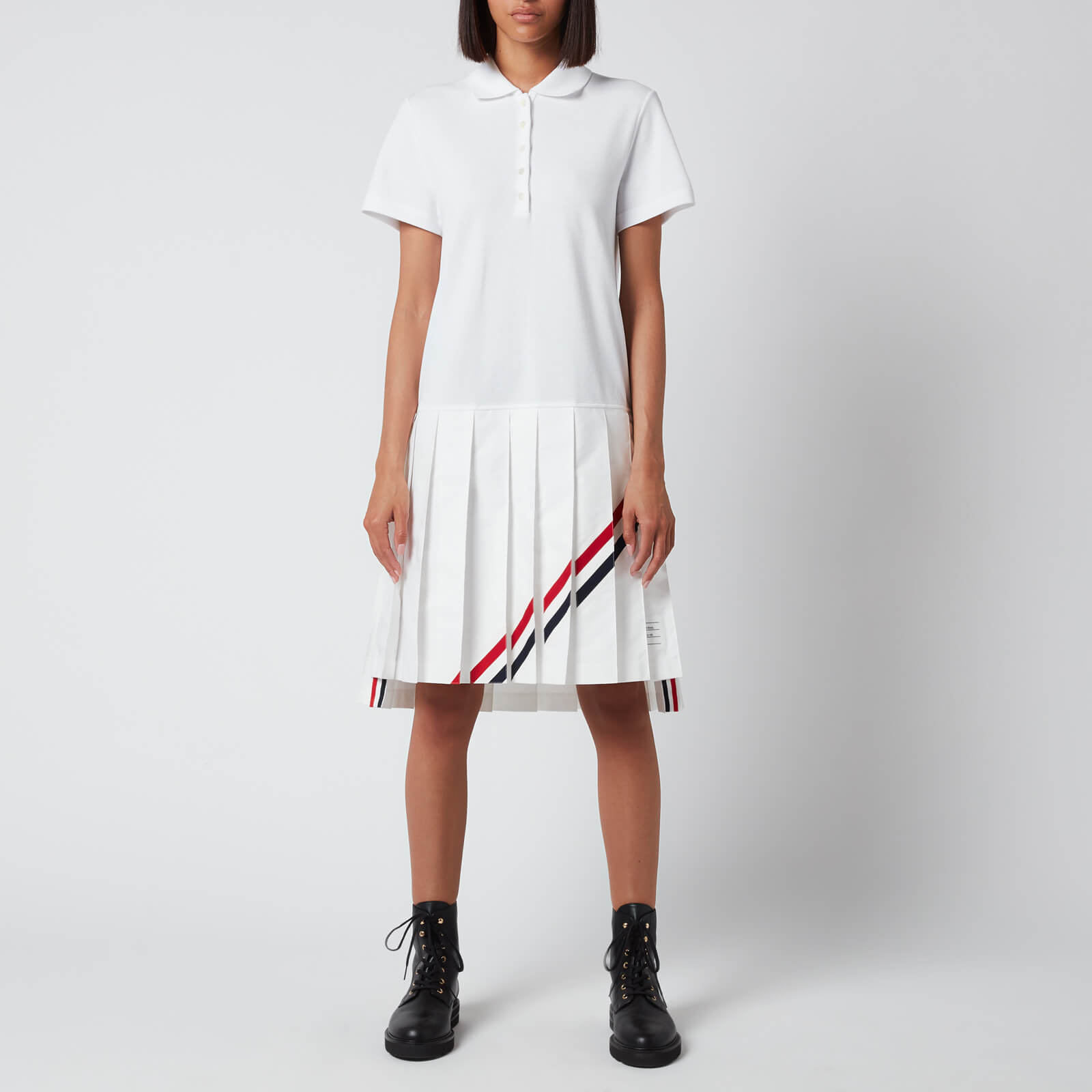 Thom Browne Women's Short Sleeve Pleated Bottom Polo Dress with Diagonal Stripe In Classic Pique - White - IT 38/UK 6
