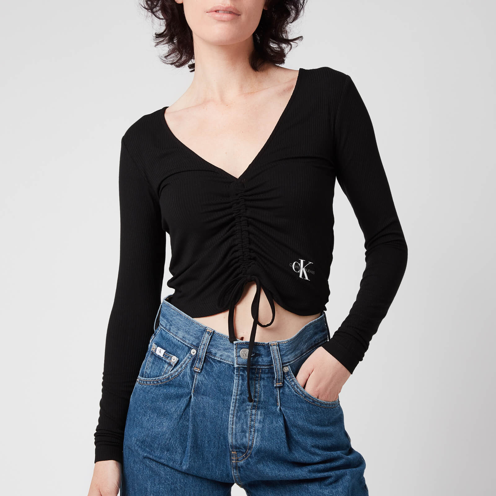Calvin Klein Jeans Women's Drawstrings V-Neck Ls Rib T-Shirt - CK Black - XS